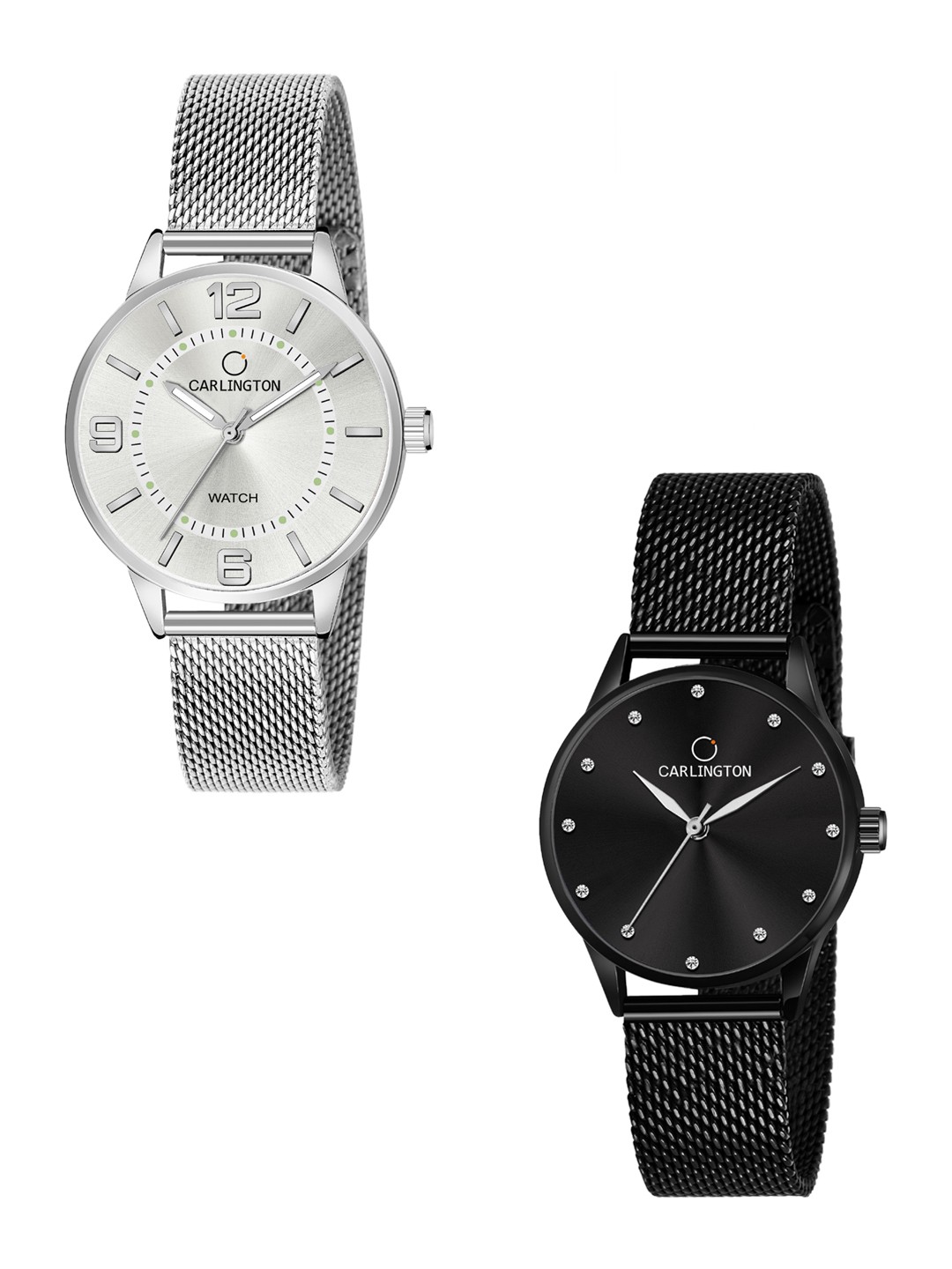 

CARLINGTON Women Set Of 2 Multicoloured Dial & Stainless Steel Bracelet Analogue Watch CT2002 Silver-CT2009 Black, Multi