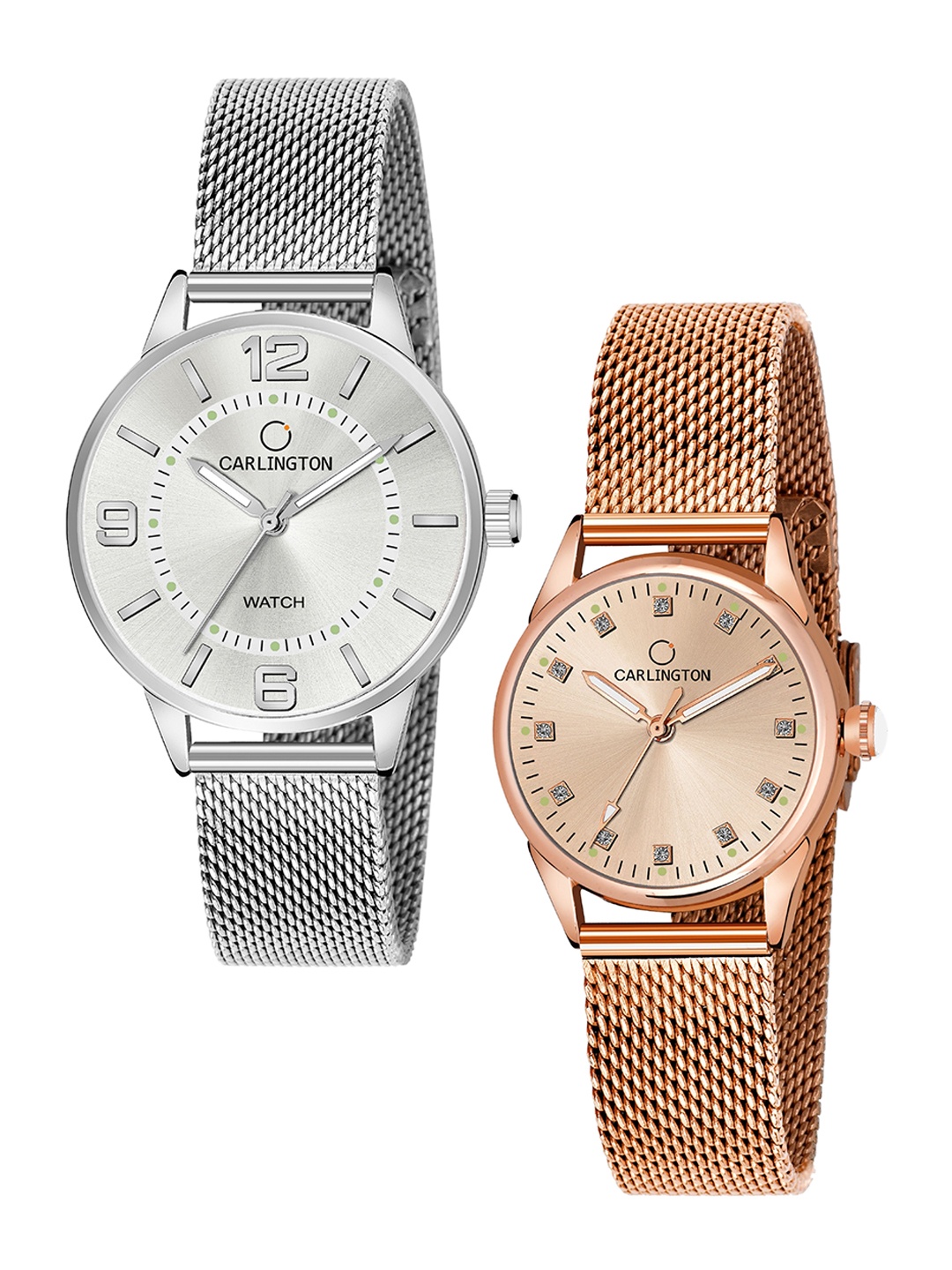 

CARLINGTON Women Set of 2 Analogue Watch - CT2002 Silver-CT2003 RoseGold, Multi