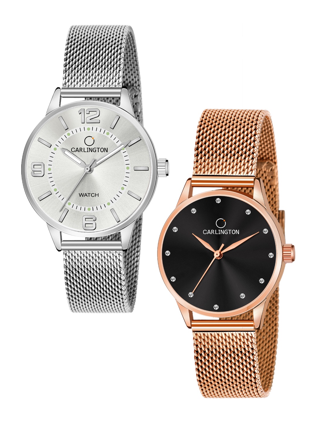 

CARLINGTON Women Set of 2 Analogue Watch - CT2002 Silver-CT2009 RoseBlack, Multi