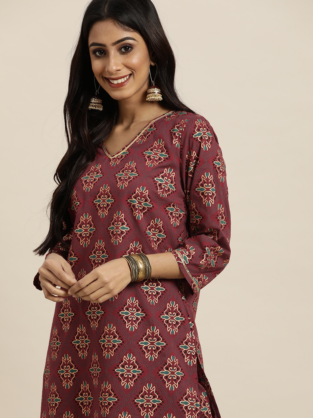 

Sangria Women Burgundy Ethnic Motifs Printed Pure Cotton Kurta with Sharara
