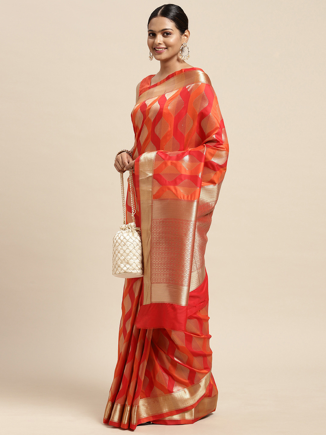 

Mitera Pink & Orange Zari Silk Blend Banarasi Saree