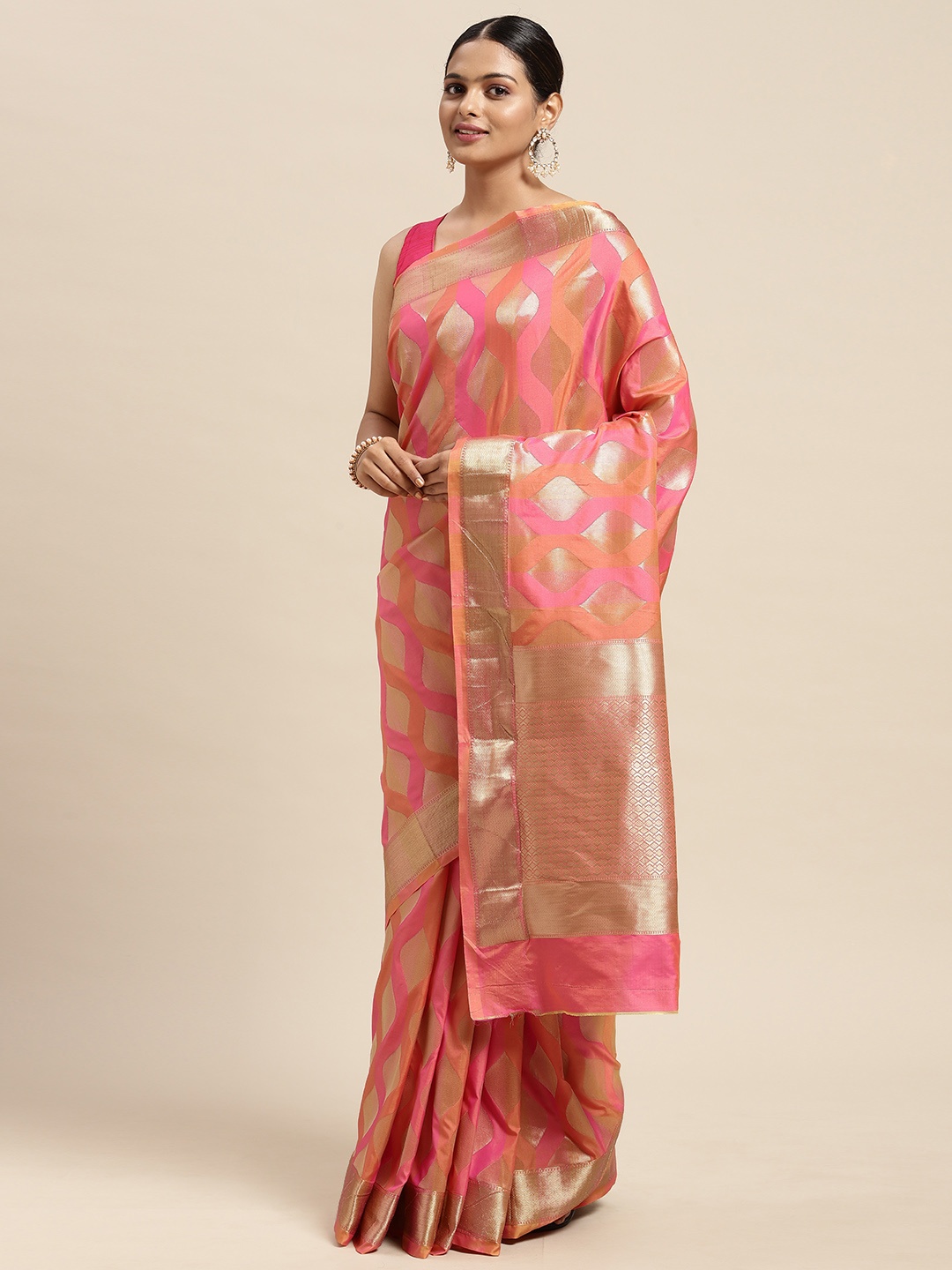 

Mitera Peach-Coloured & Pink Zari Silk Blend Banarasi Saree