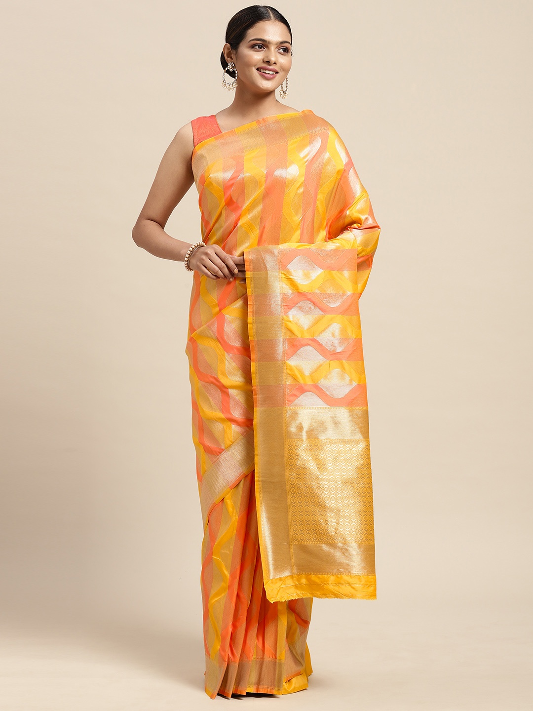 

Mitera Yellow & Peach-Coloured Zari Silk Blend Banarasi Saree
