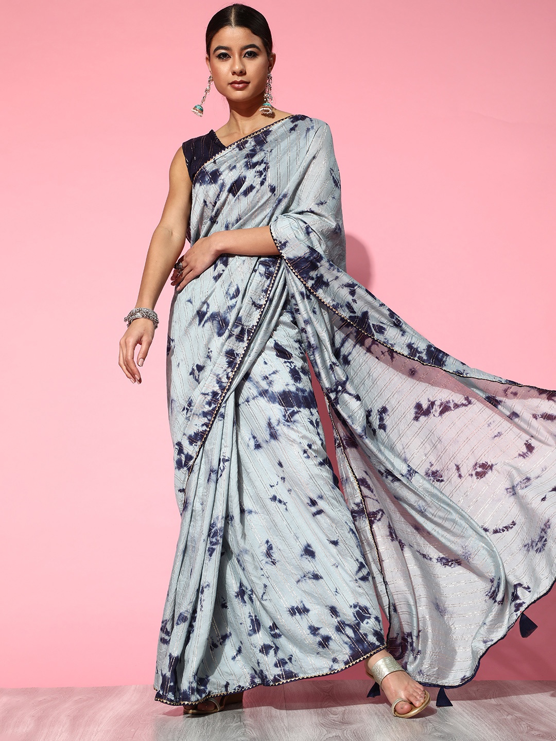 

Saree mall Grey & Navy Blue Striped Dyed & Crinkled Gotta Patti Silk Blend Sarees