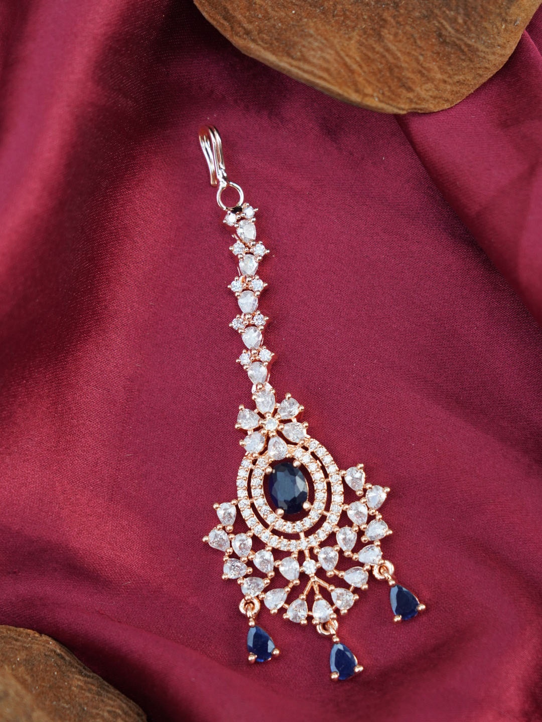 

FIROZA Rose Gold-Plated Blue AD Studded Maang Tikka