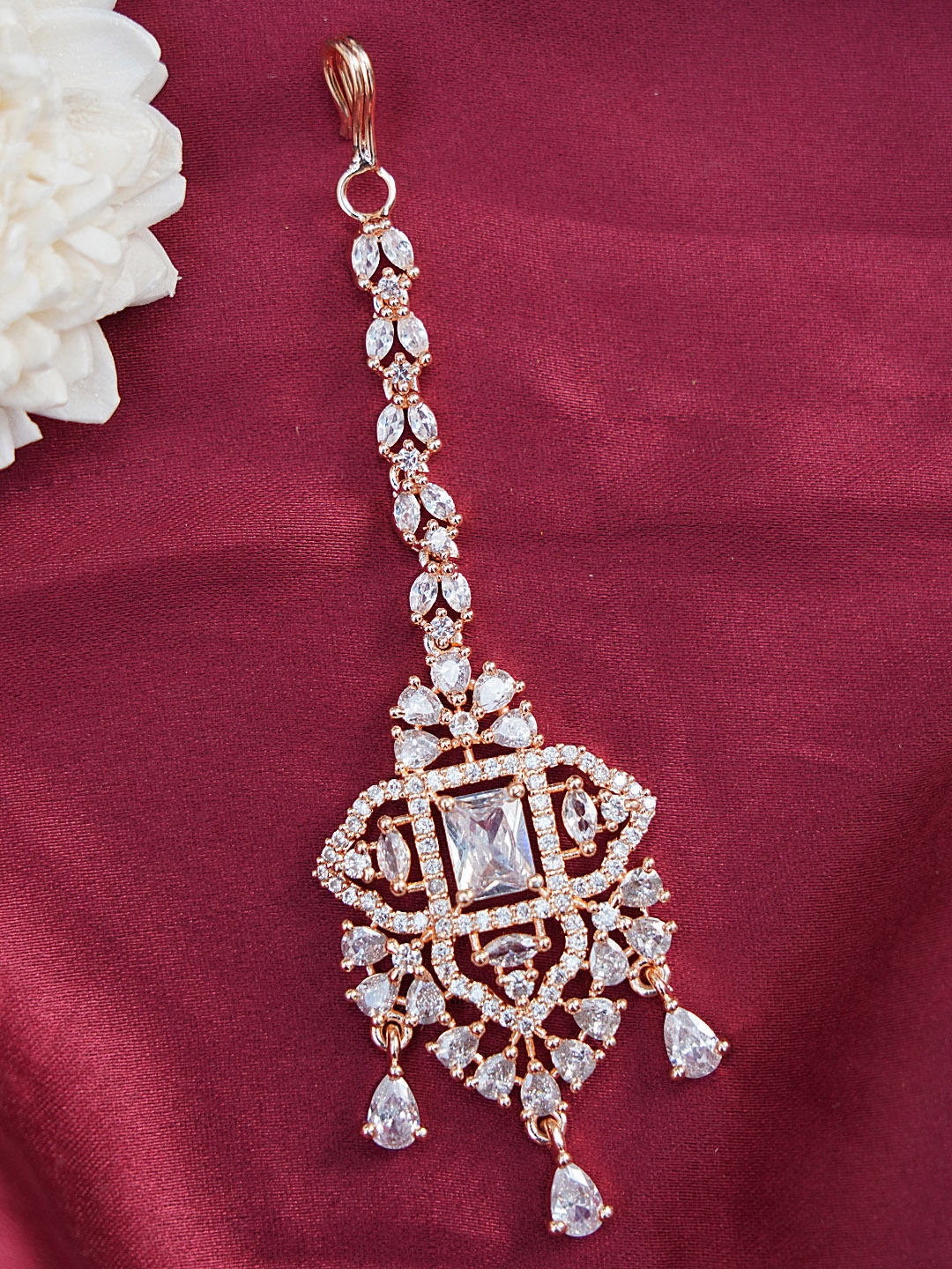 

FIROZA Rose Gold-Plated White AD-Studded Maang Tikka