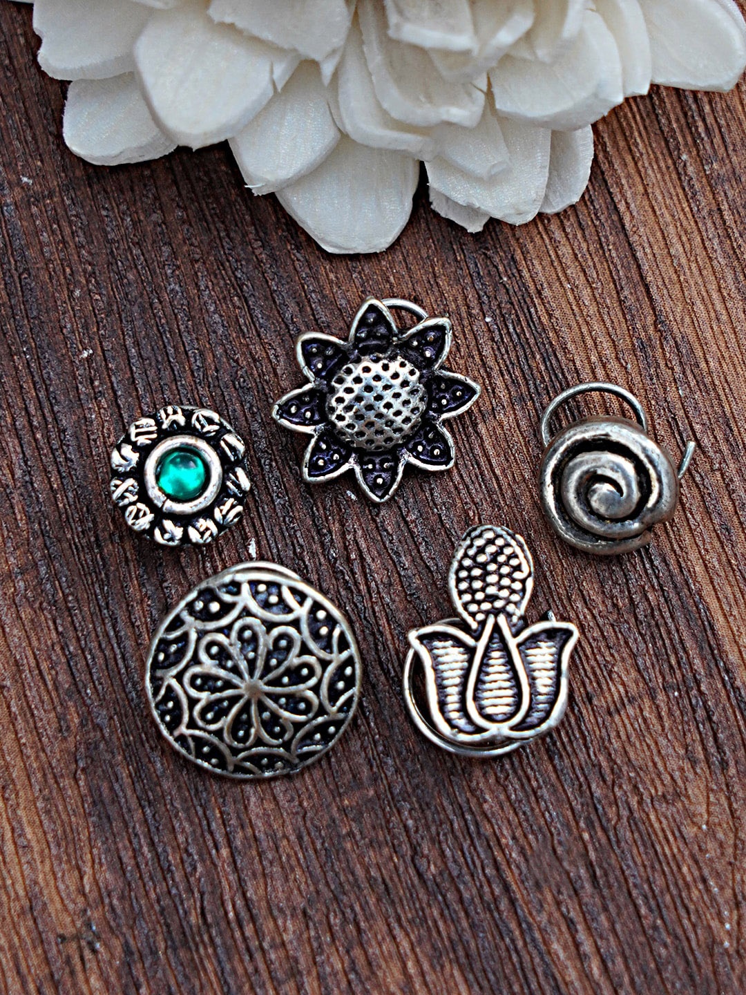 

FIROZA Set Of 5 Silver-Toned & Green Oxidised Stone-Studded Nose Pins