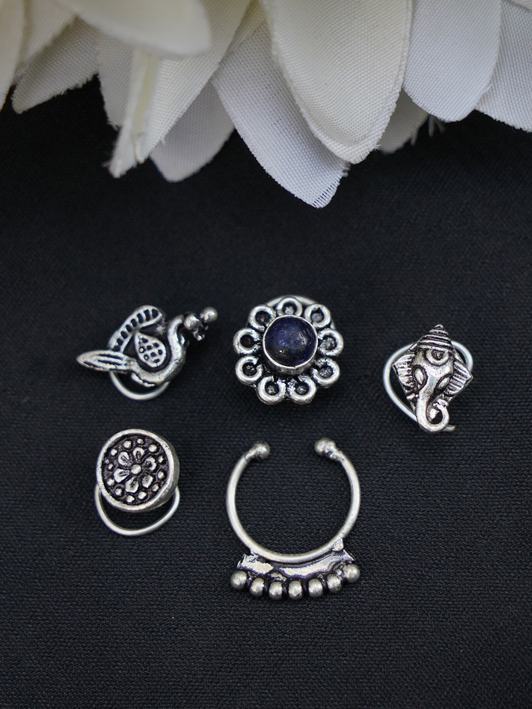 

FIROZA Set Of 5 Silver-Toned & Blue Oxidised Stone-Studded Nose Pins