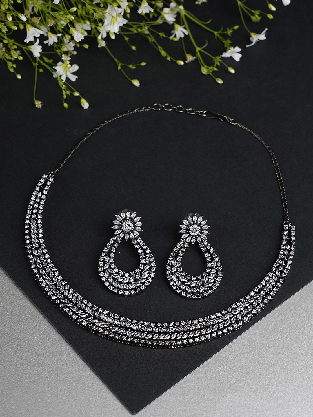 

FIROZA Silver-Toned & White Rhodium-Plated AD-Studded Jewellery Set
