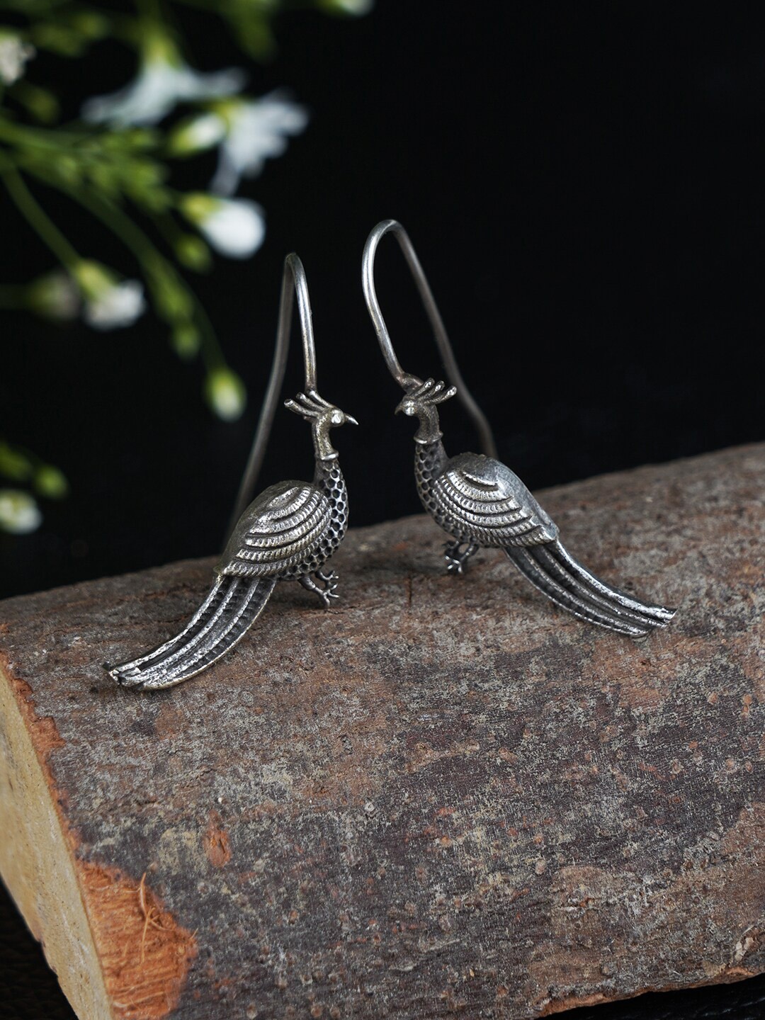 

FIROZA Silver-Toned Peacock Shaped Jhumkas Earrings