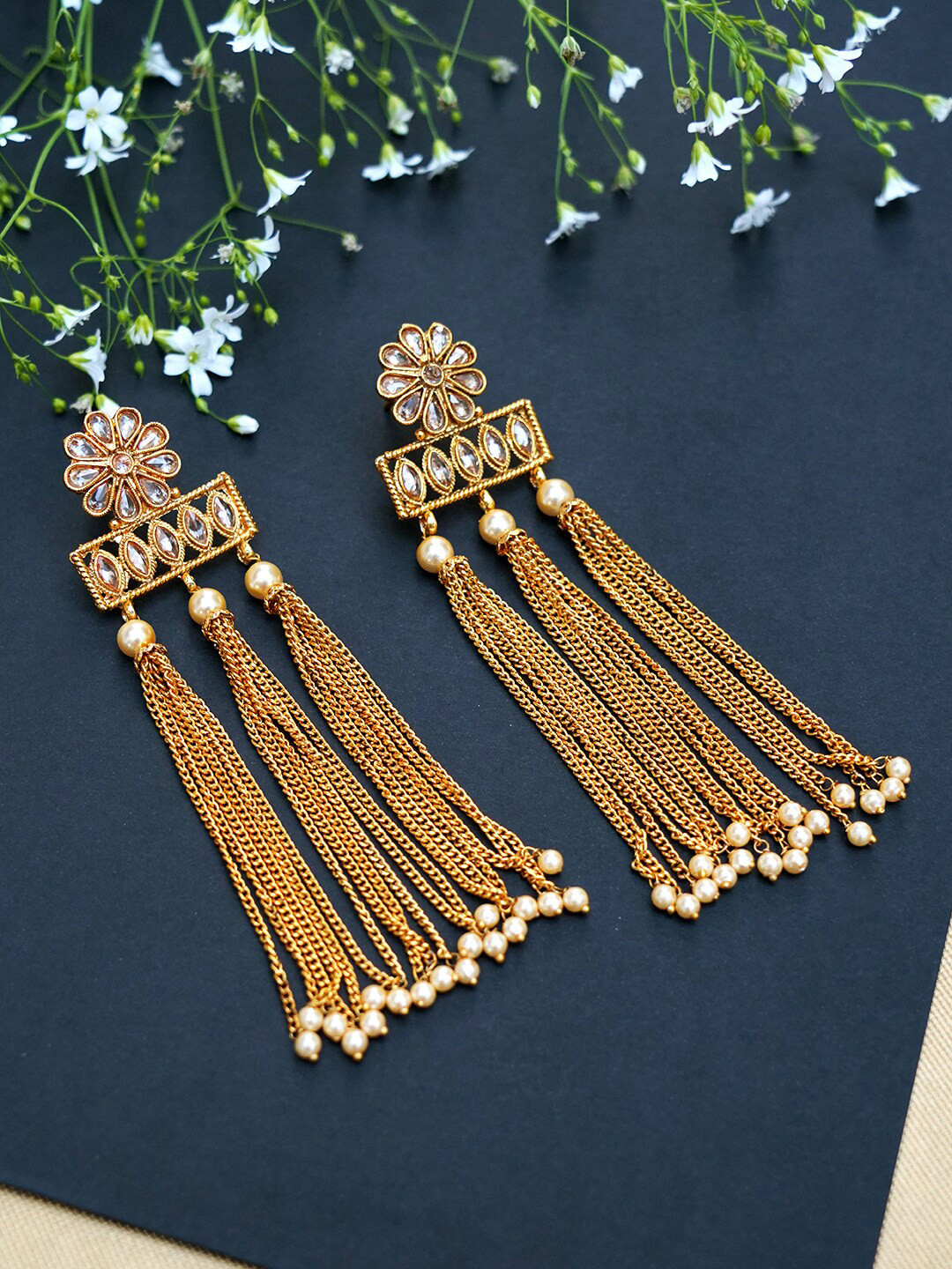 

FIROZA Gold-Toned Contemporary Drop Tasselled Earrings