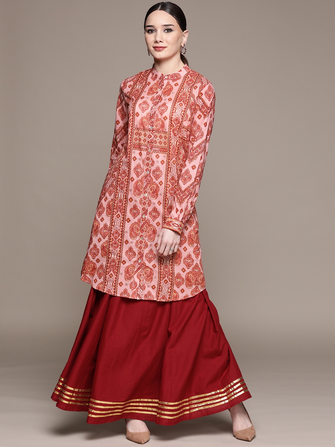 

aarke Ritu Kumar Women Pink & Mustard Yellow Ethnic Motifs Print Cotton A-Line Kurta