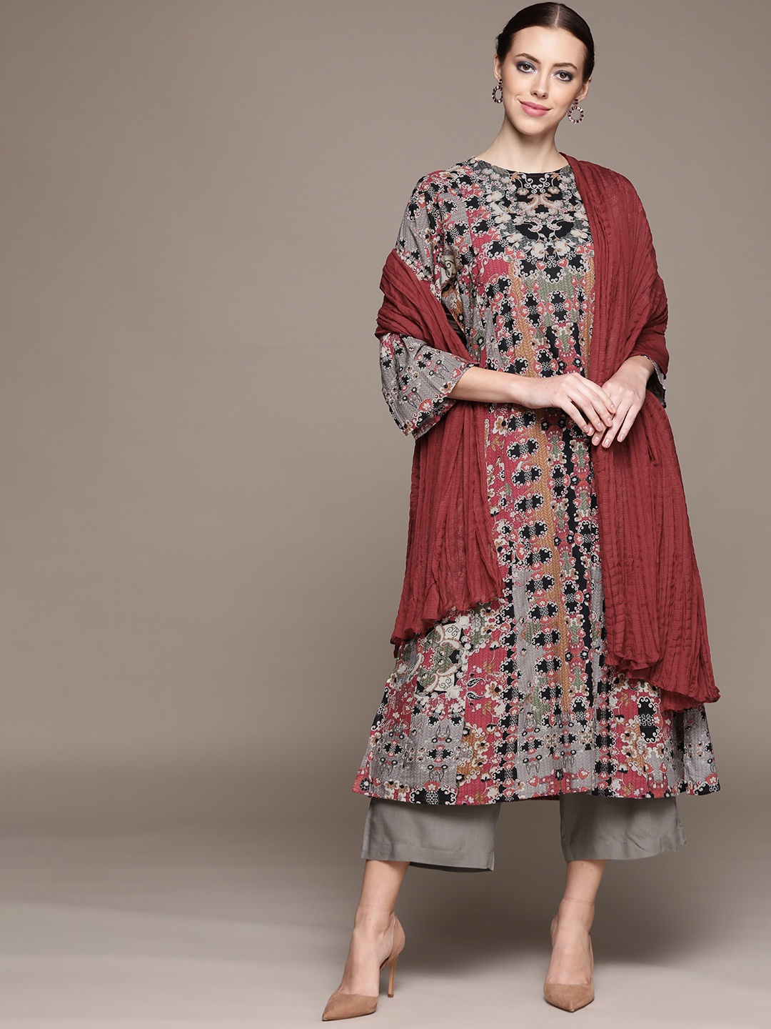 

aarke Ritu Kumar Grey & Maroon Ethnic Motifs Printed A-Line Kurta with Palazzo Dupatta