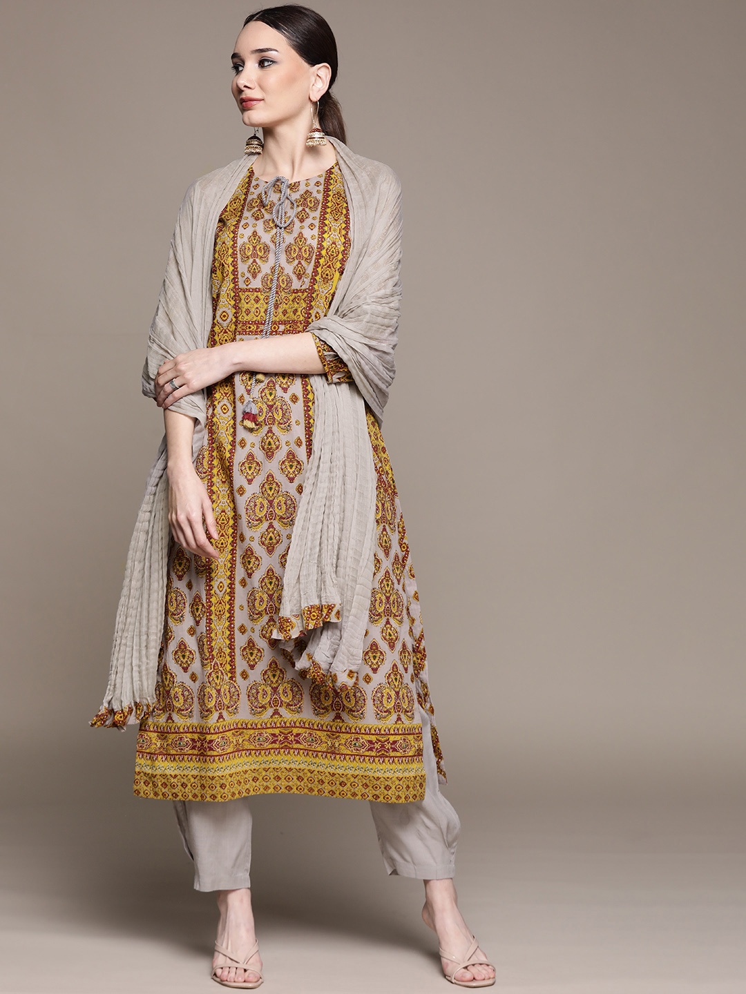 

aarke Ritu Kumar Grey & Mustard Yellow Ethnic Print Straight Kurta Afgan Salwar & Dupatta