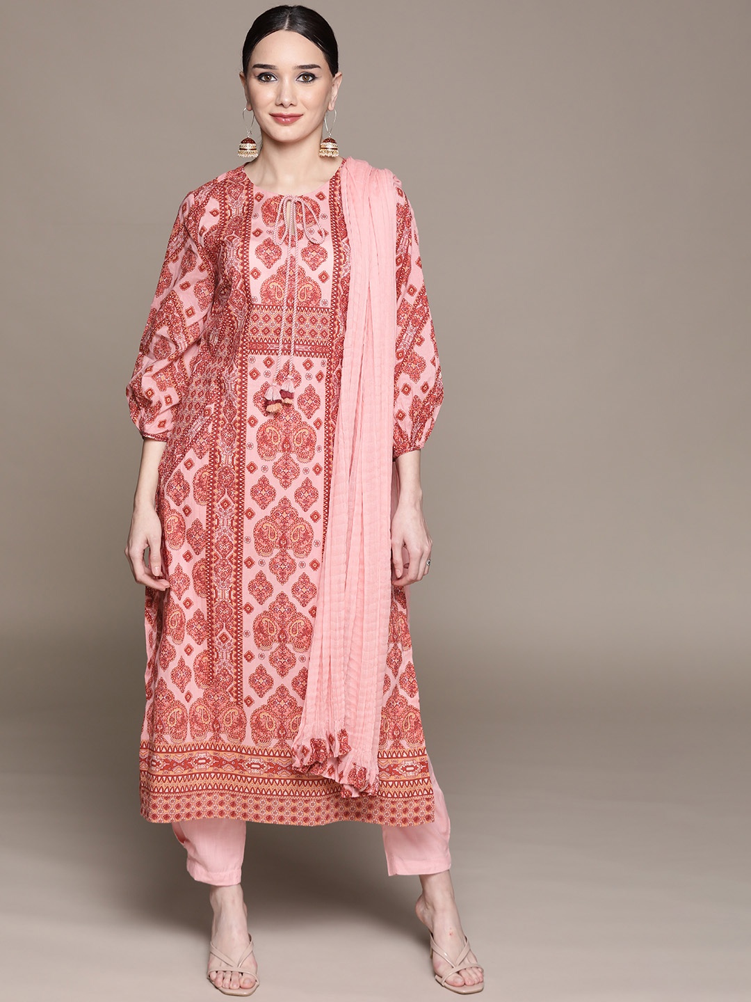 

aarke Ritu Kumar Pink & Orange Ethnic Printed Straight Kurta Afgan Salwar & Dupatta