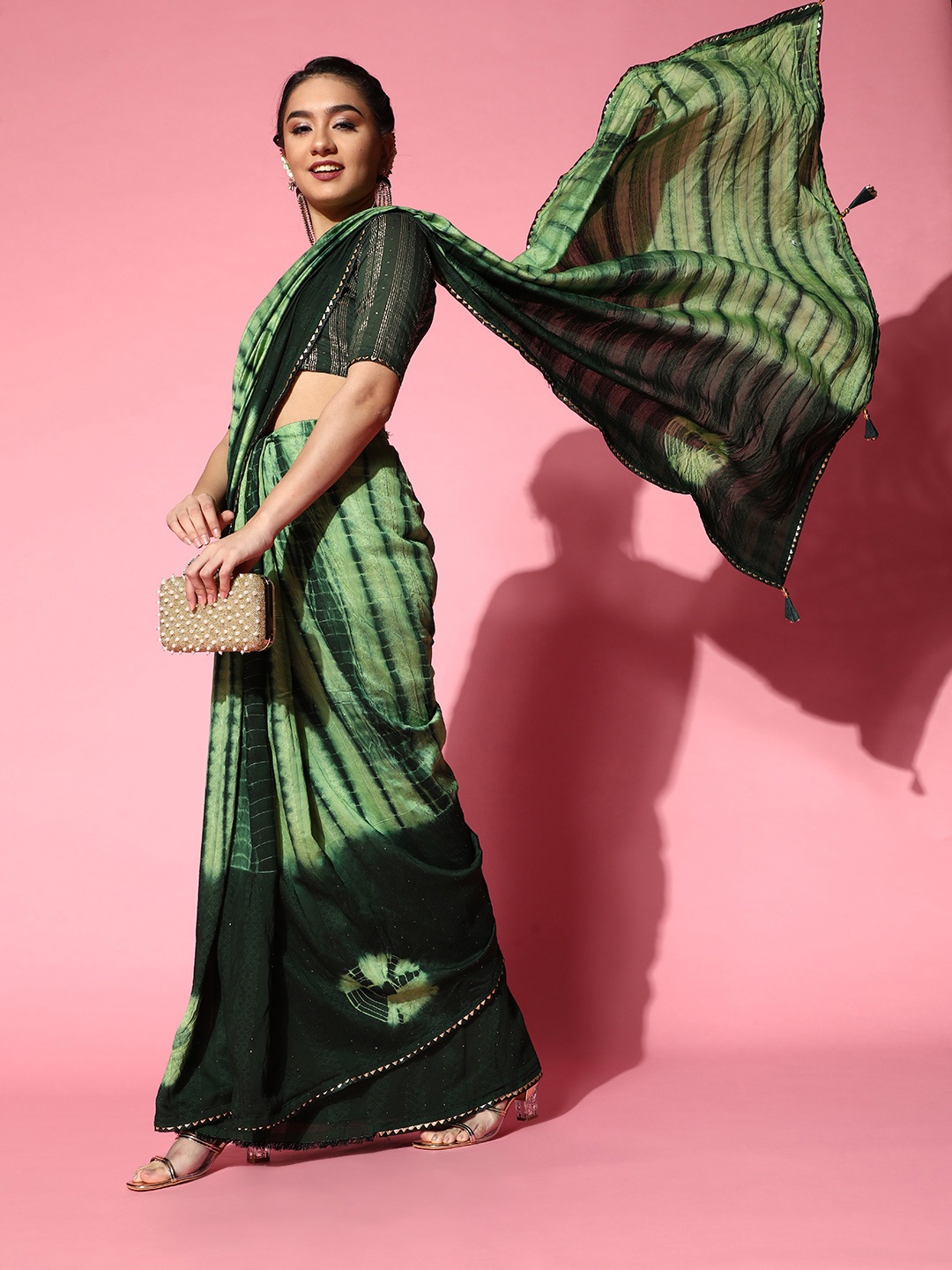 

Mitera Green Tie and Dye Print & Embroidered Saree