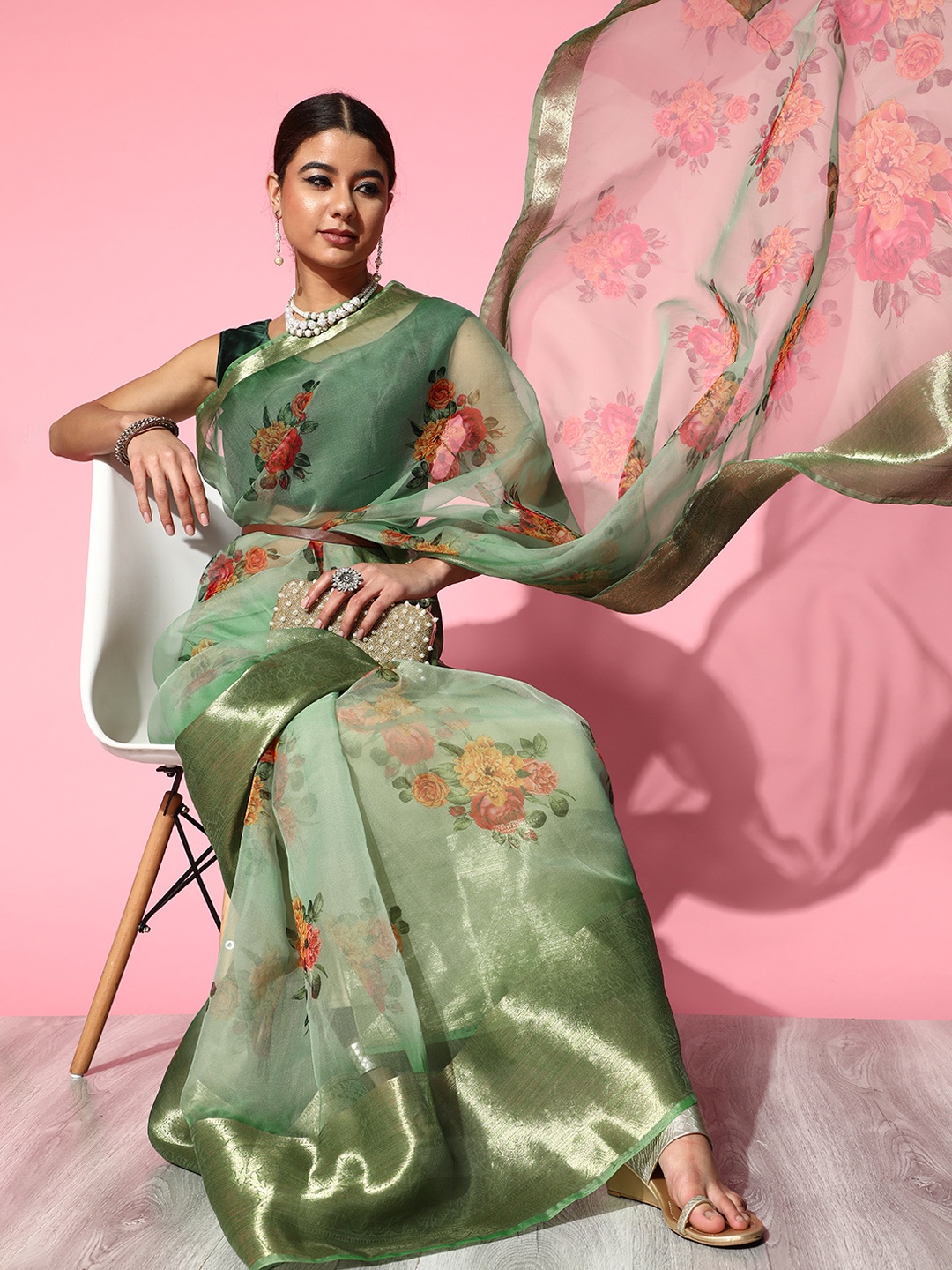 

Saree mall Green & Orange Floral Print Organza Saree with Unstitched Blouse Piece