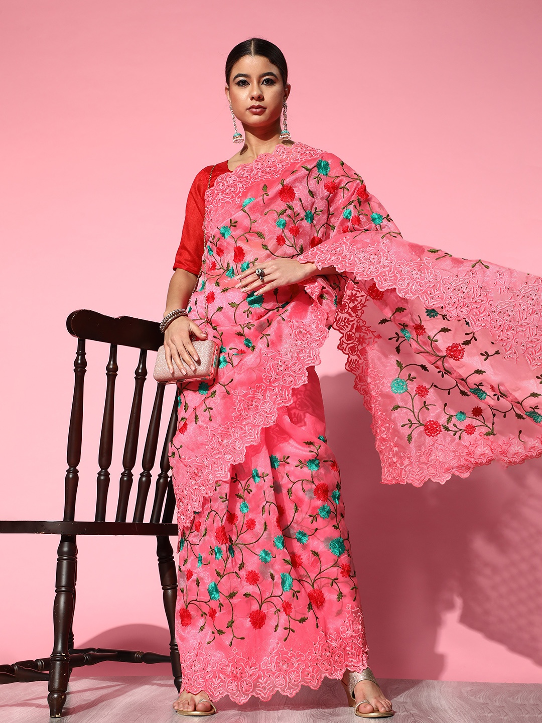 

Saree mall Pink & Green Floral Embroidered Sequinned Organza Sarees