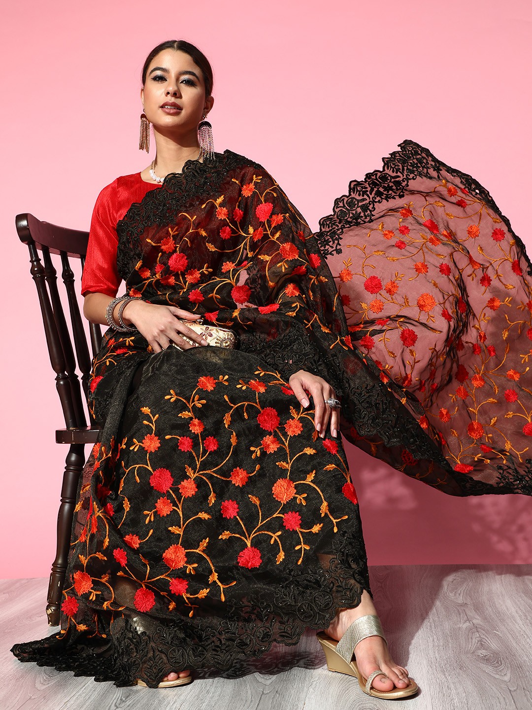 

Saree mall Black & Red Floral Embroidered Sequinned Organza Sarees