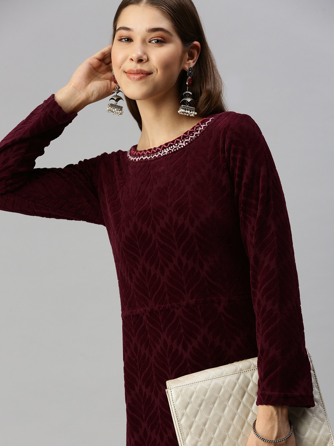 

Global Desi Maroon Self- designed A-Line Midi Dress