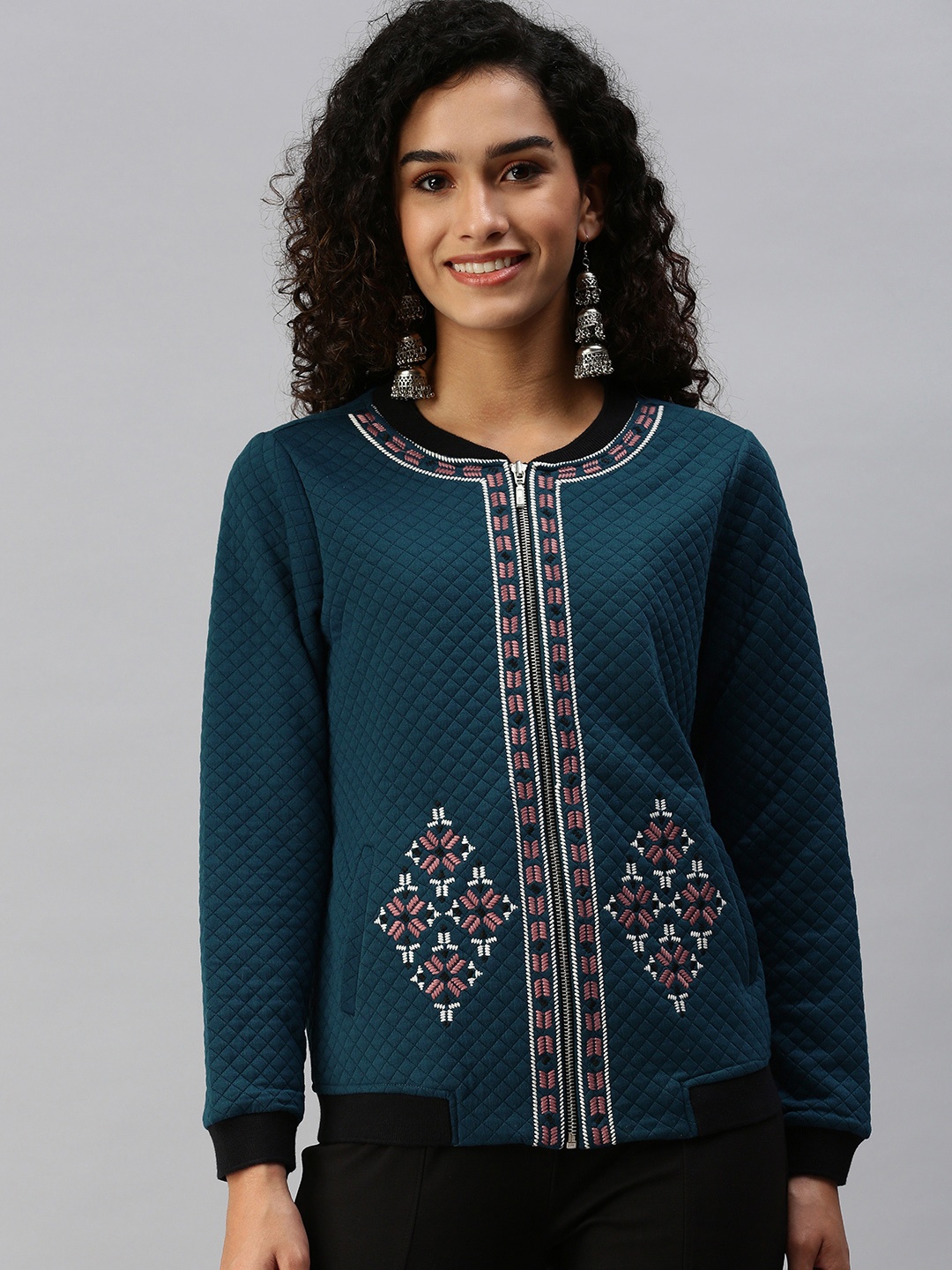 

Global Desi Women Teal & Pink Geometric Printed Quilted Jacket