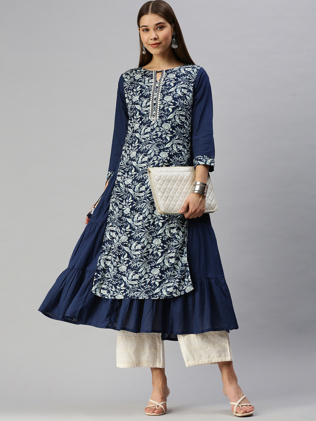 

Global Desi Women Blue & White Floral Printed Keyhole Neck A-Line Kurta