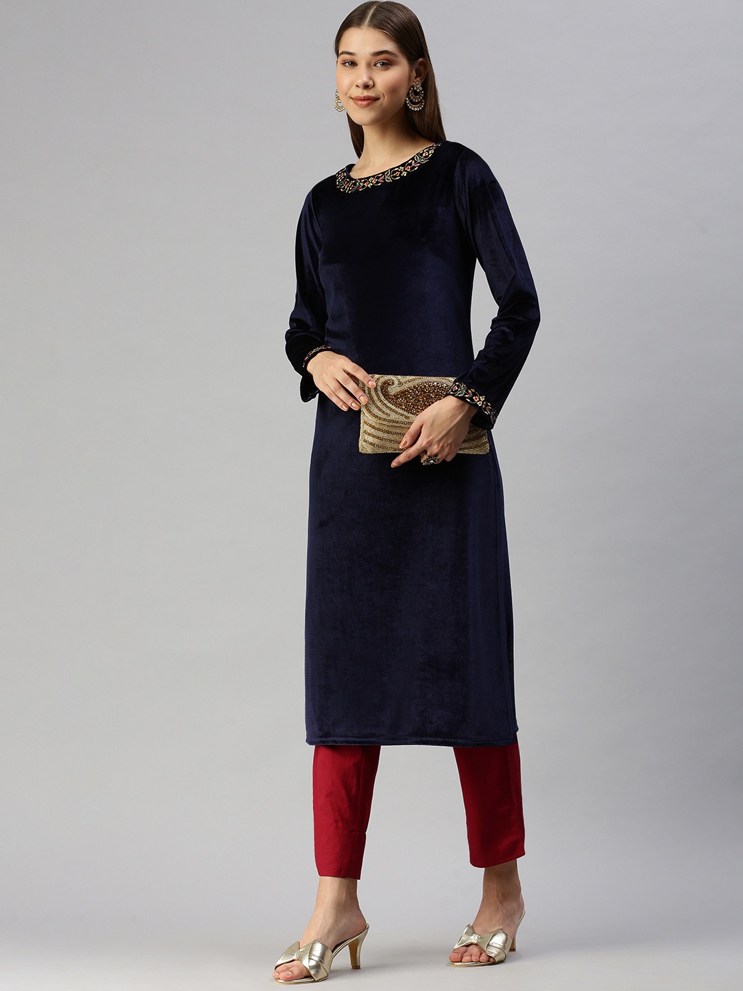 

Global Desi Women Navy Blue Solid Kurta
