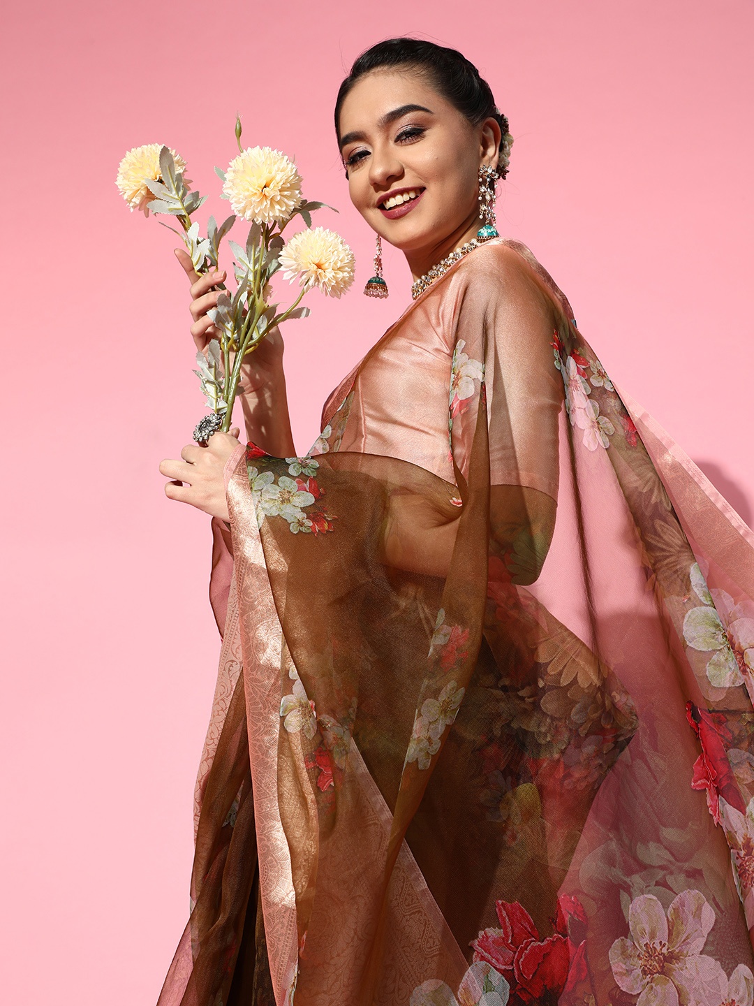 

Mitera Coffee Brown & Olive Green Floral Organza Saree