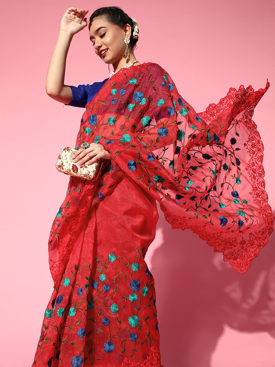 

Mitera Red & Blue Ethnic Motifs Embroidered Saree