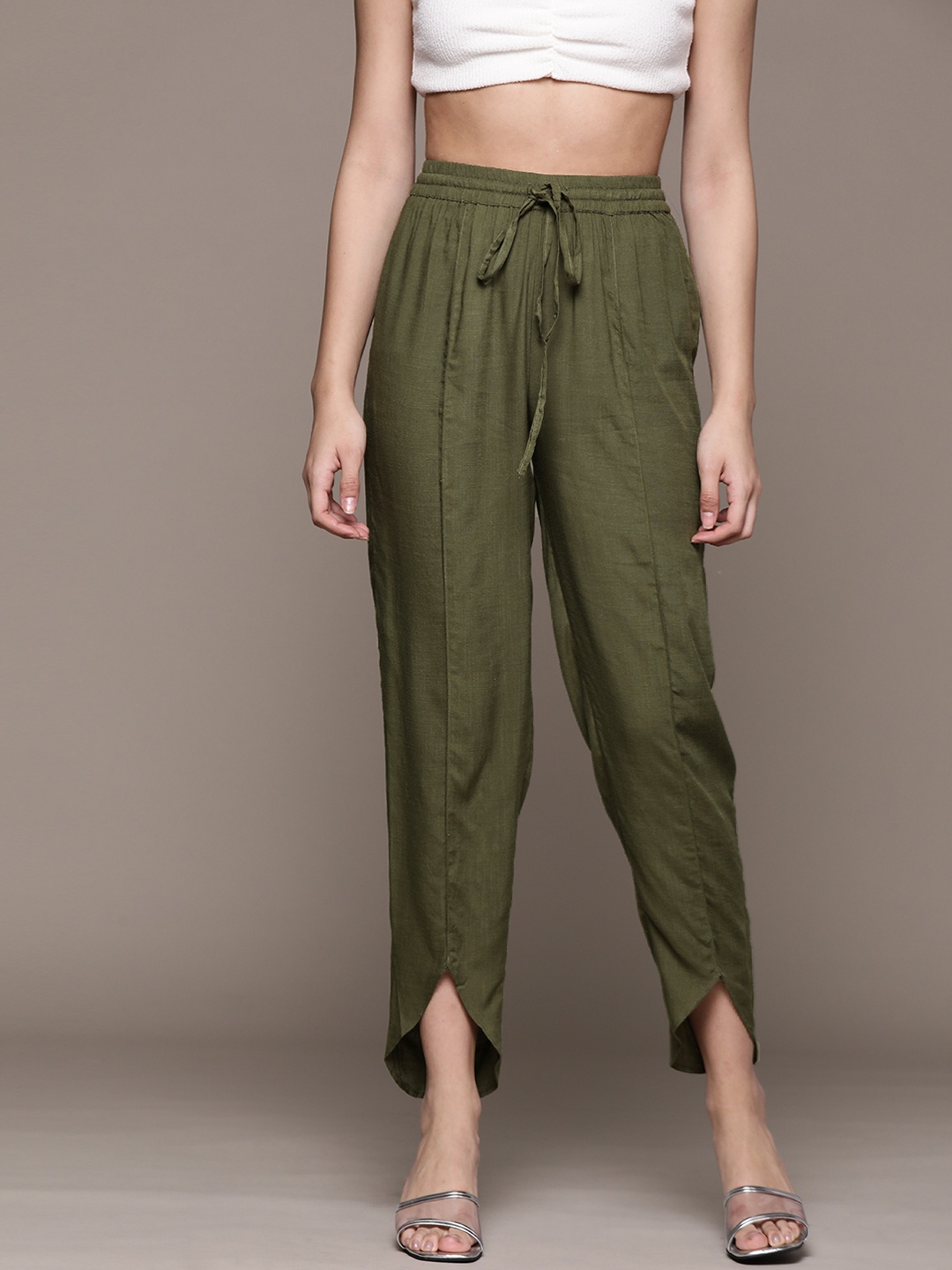 

aarke Ritu Kumar Women Olive Green Solid Pleated Tulip Hem Trousers