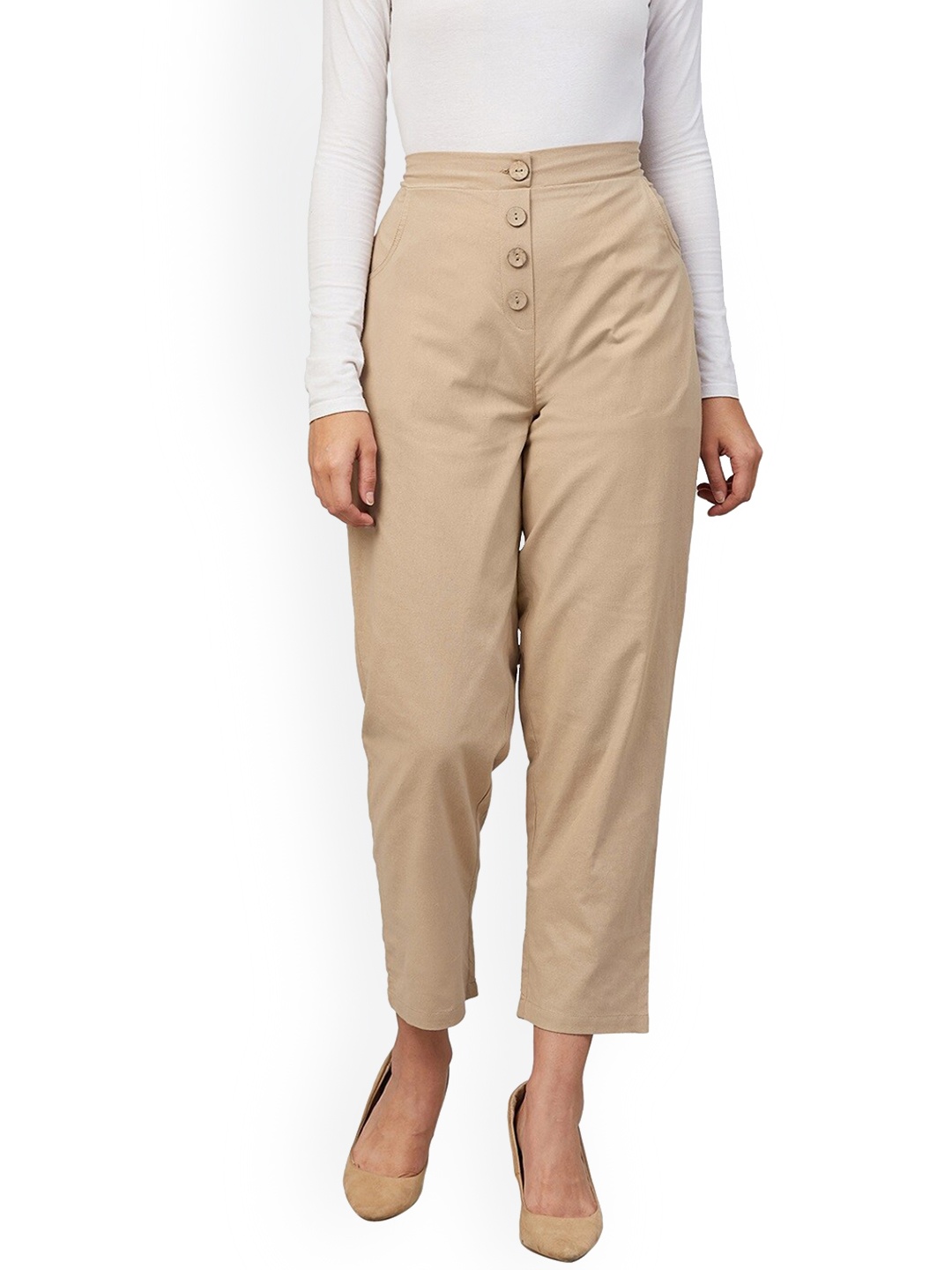 

Orchid Hues Women Beige High-Rise Trousers