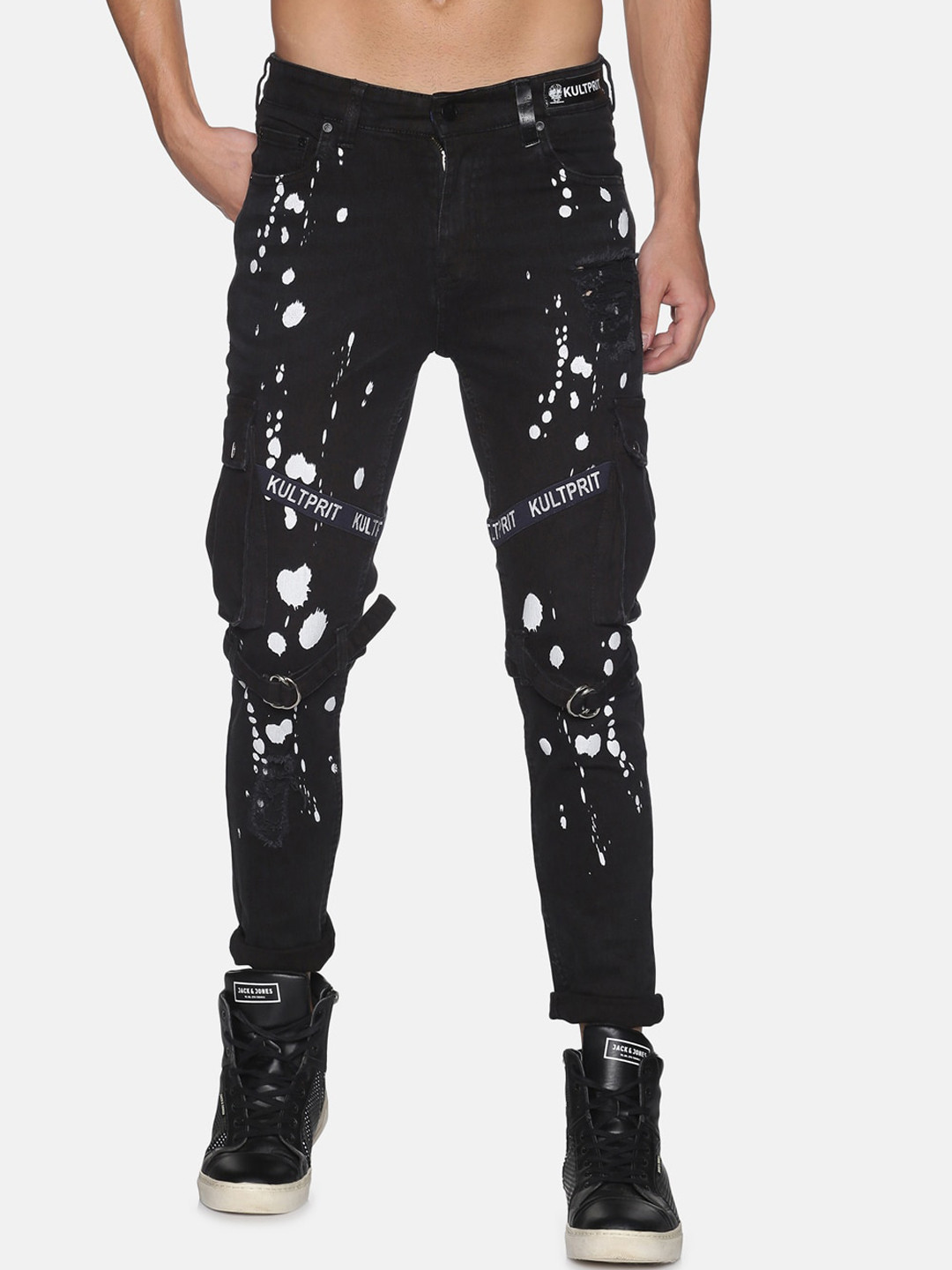 

KULTPRIT Men Black Slim Fit Low Distress Stretchable Jeans
