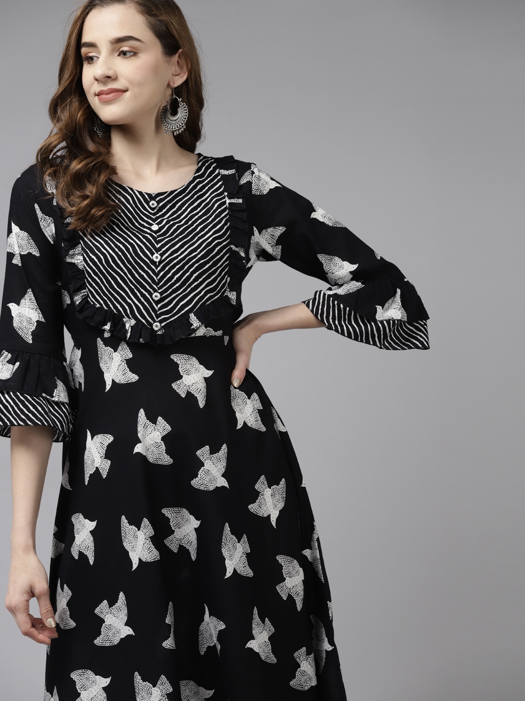 

Yufta Black & White Pure Cotton Bird Print Maxi Flared Dress