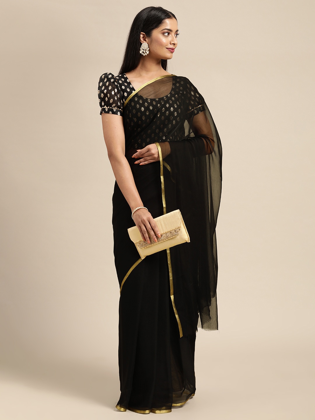 

KALINI Black & Gold-Toned Solid Pure Georgette Saree