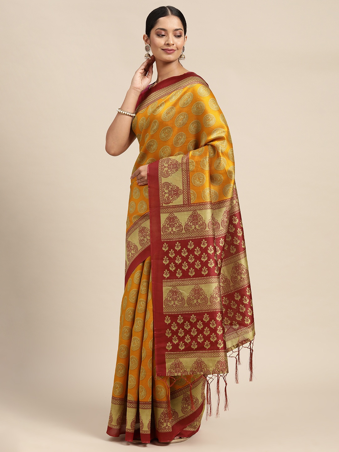 

KALINI Orange & Red Ethnic Motifs Pure Georgette Saree