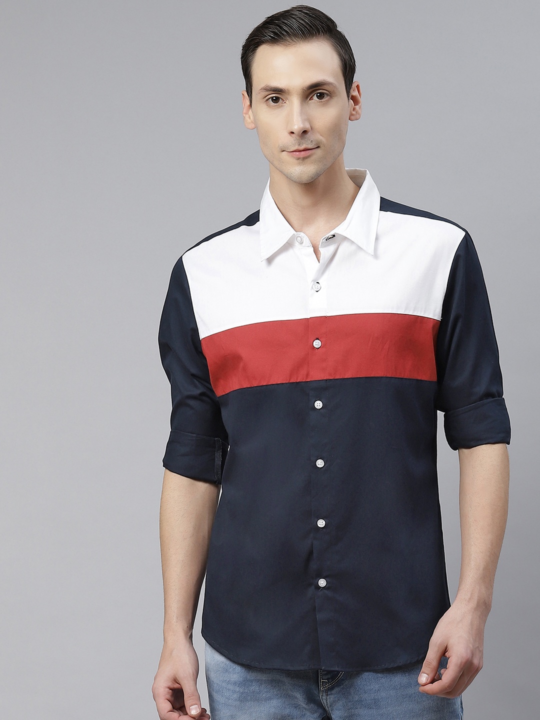 

Hubberholme Men White & Blue Colourblocked Casual Shirt