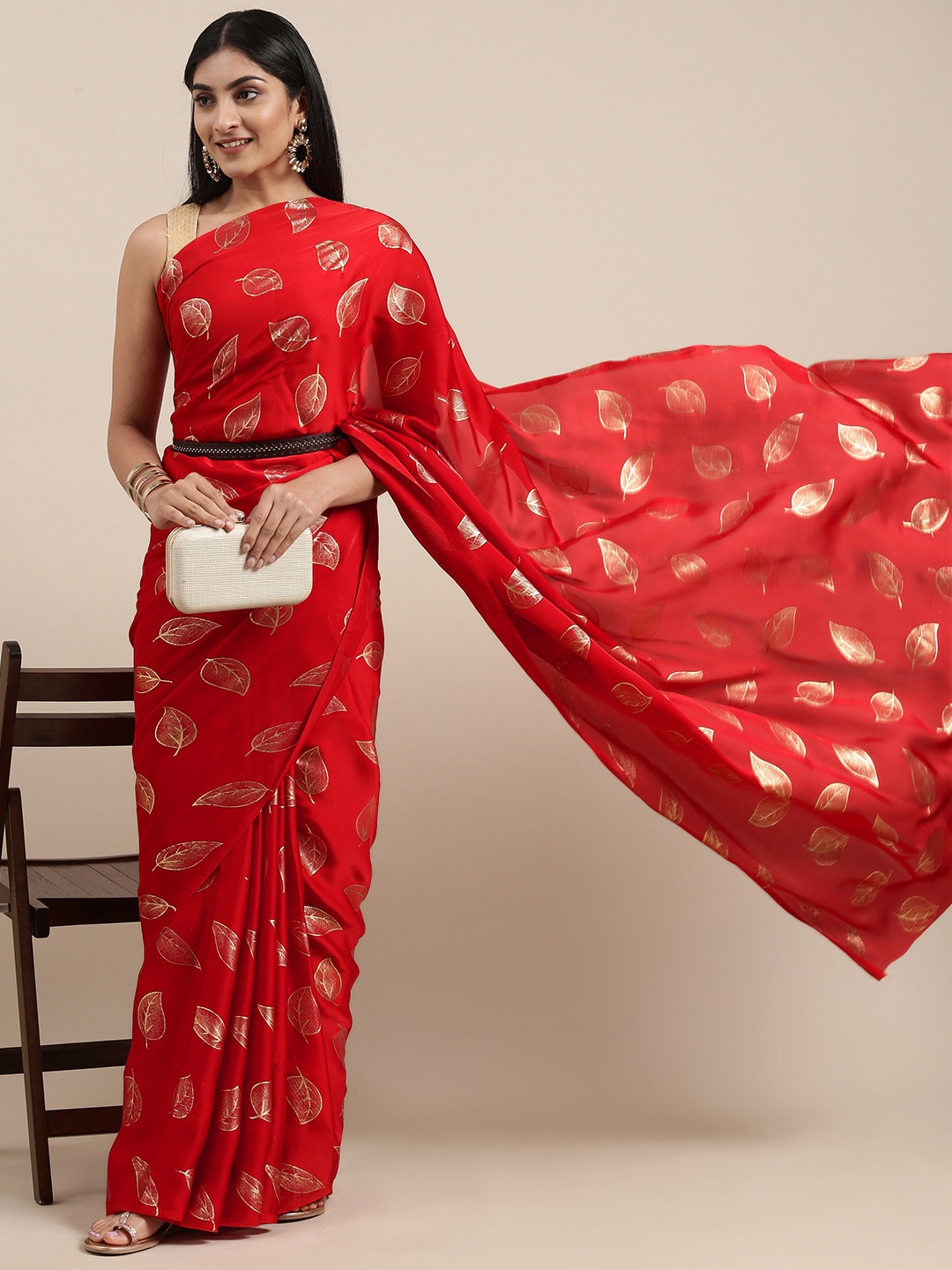 

Mitera Red & Gold-Toned Floral Satin Saree