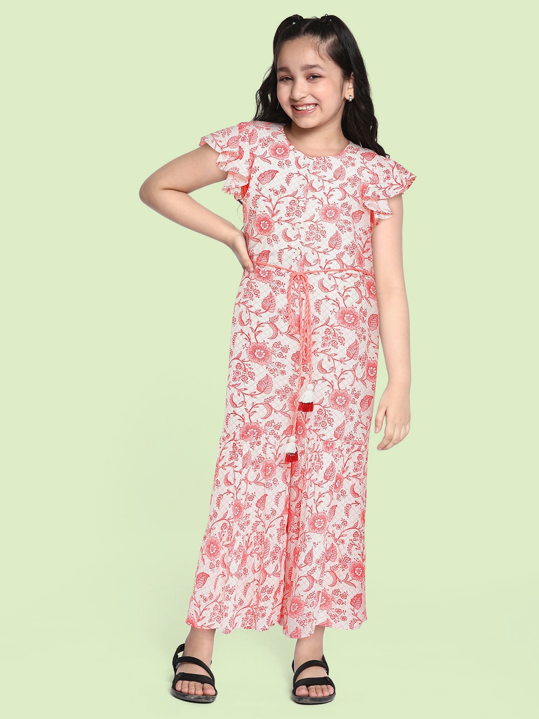 

Global Desi Girls Coral Pink & White Printed Basic Jumpsuit