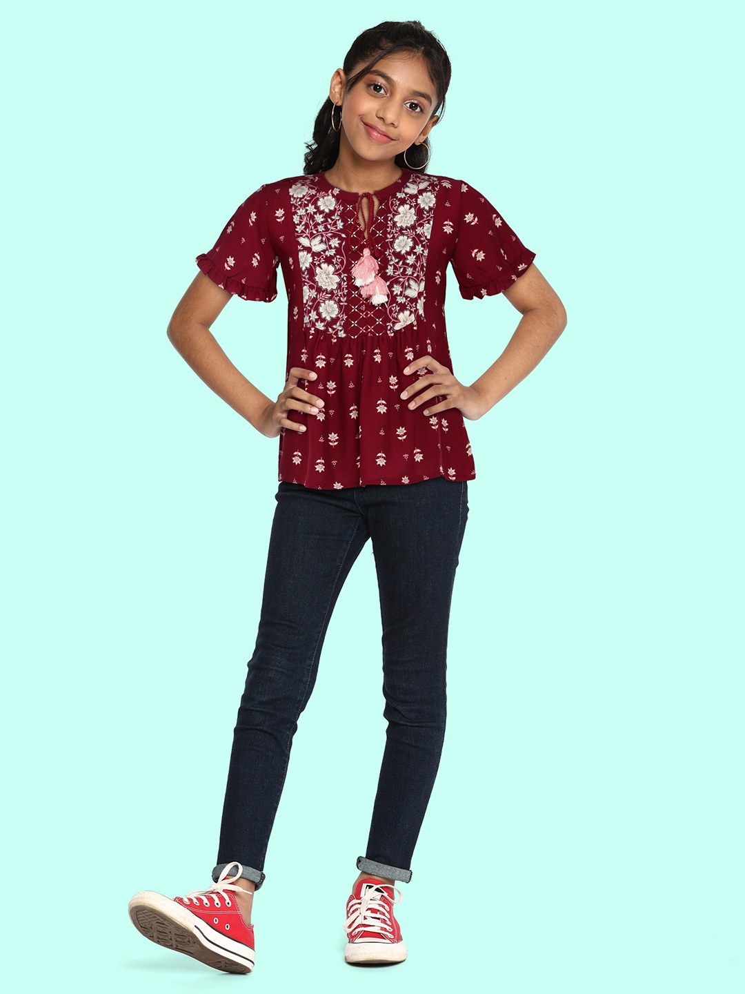 

Global Desi Maroon Floral Print Tie-Up Neck A-line Top