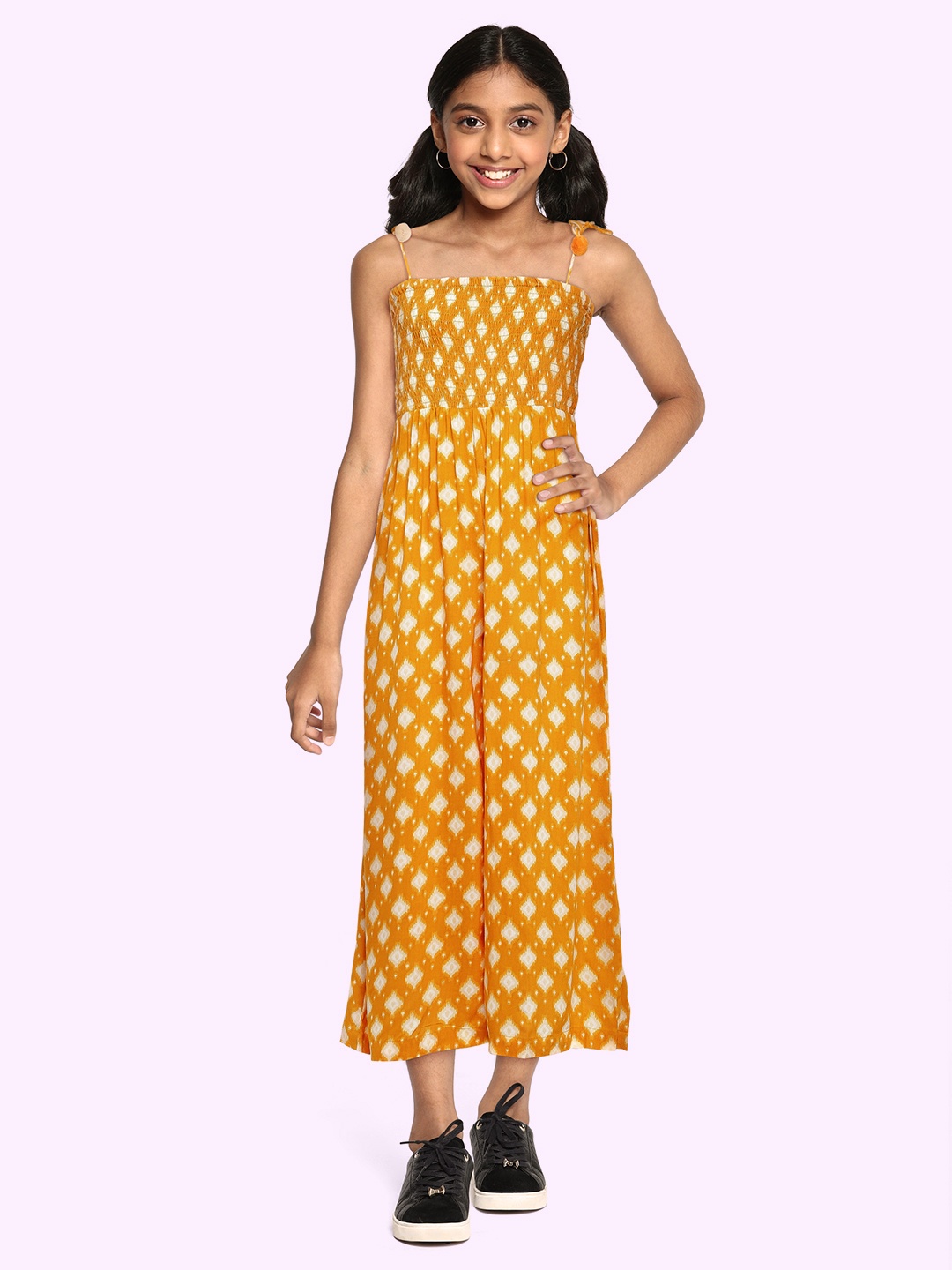 

Global Desi Girls Mustard Yellow Printed Basic Jumpsuit