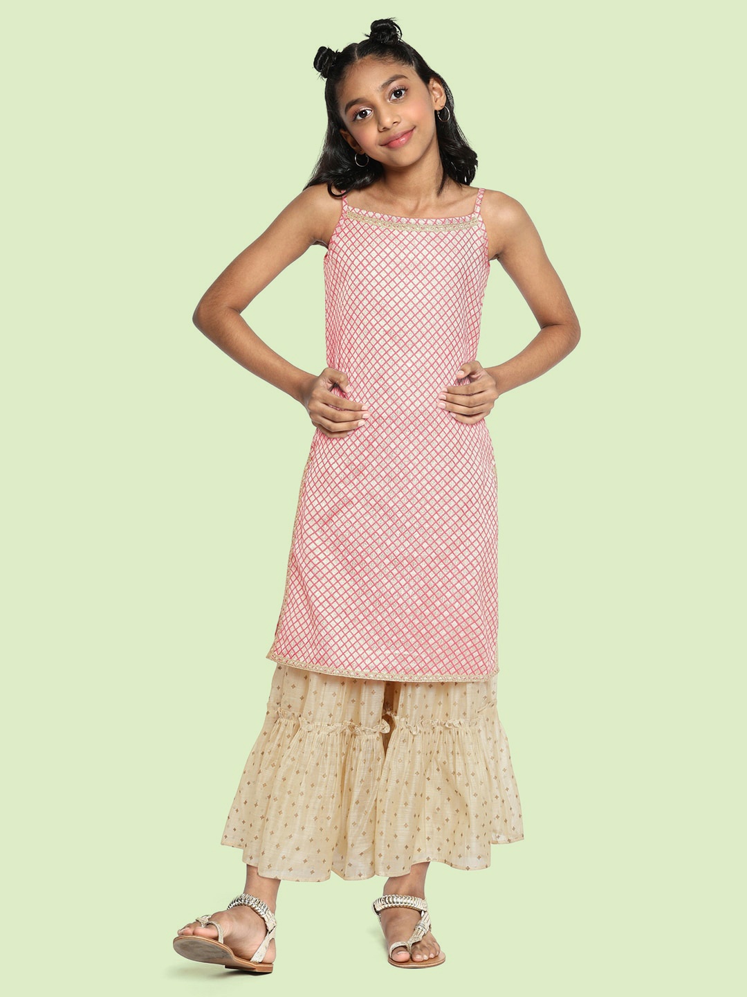 

Global Desi Girls Pink Printed Kurti with Brown Sharara