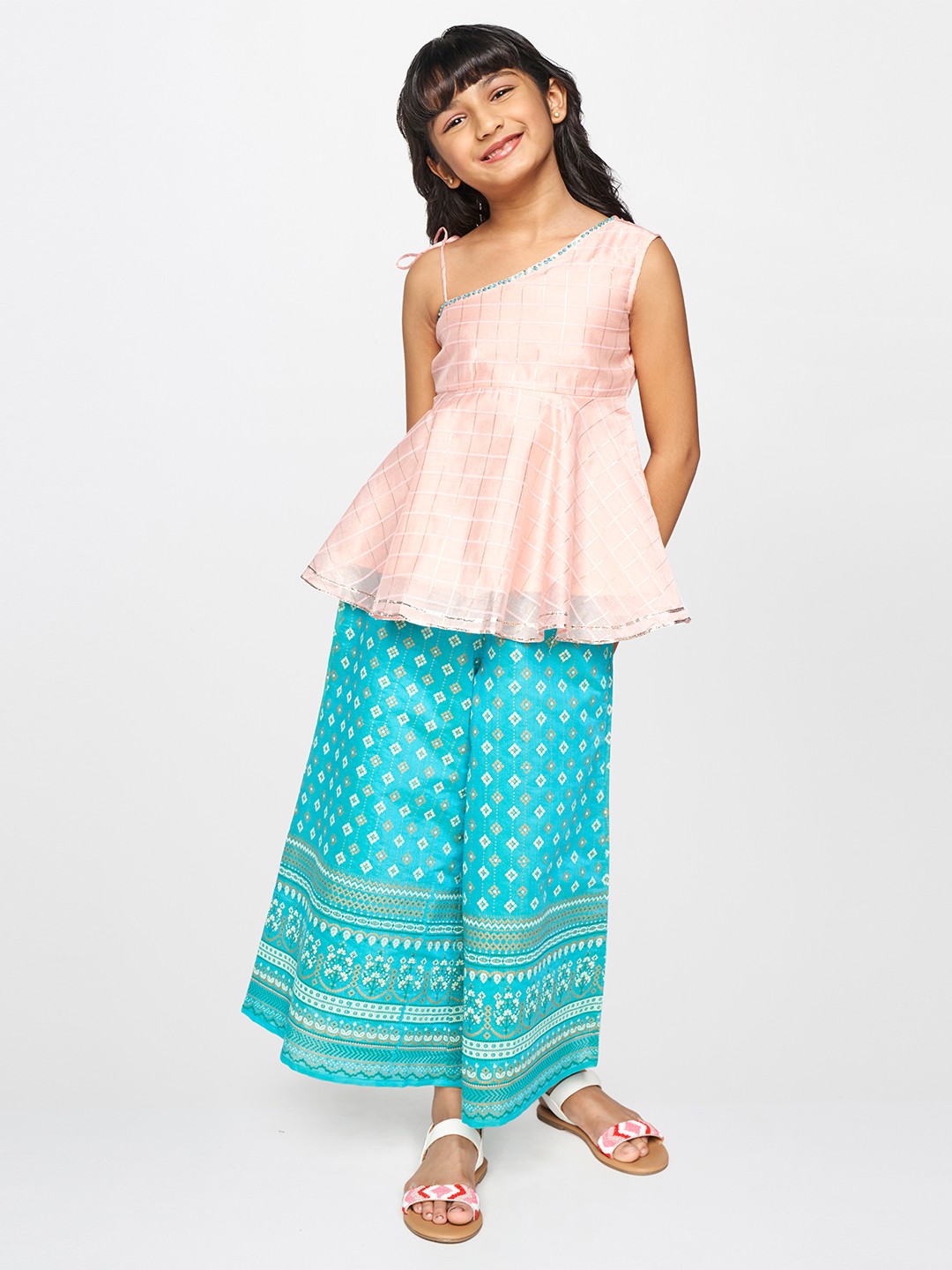 

Global Desi Girls Pink & Blue Checked Top with Palazzos