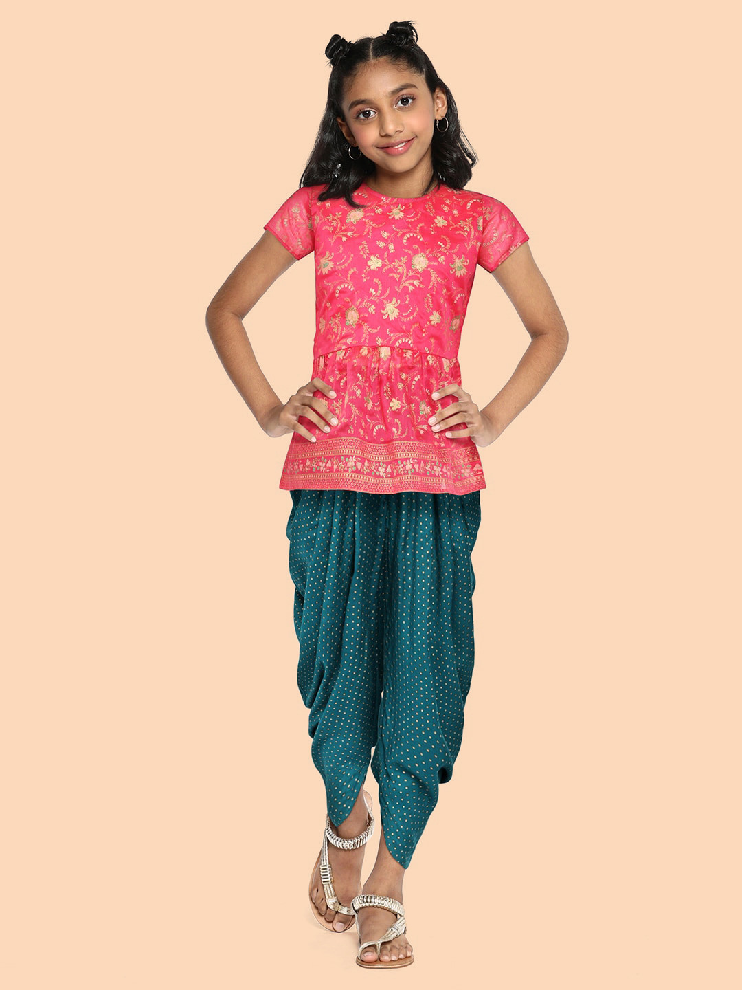 

Global Desi Girls Pink Printed Top with Teal Blue Dhoti Pants