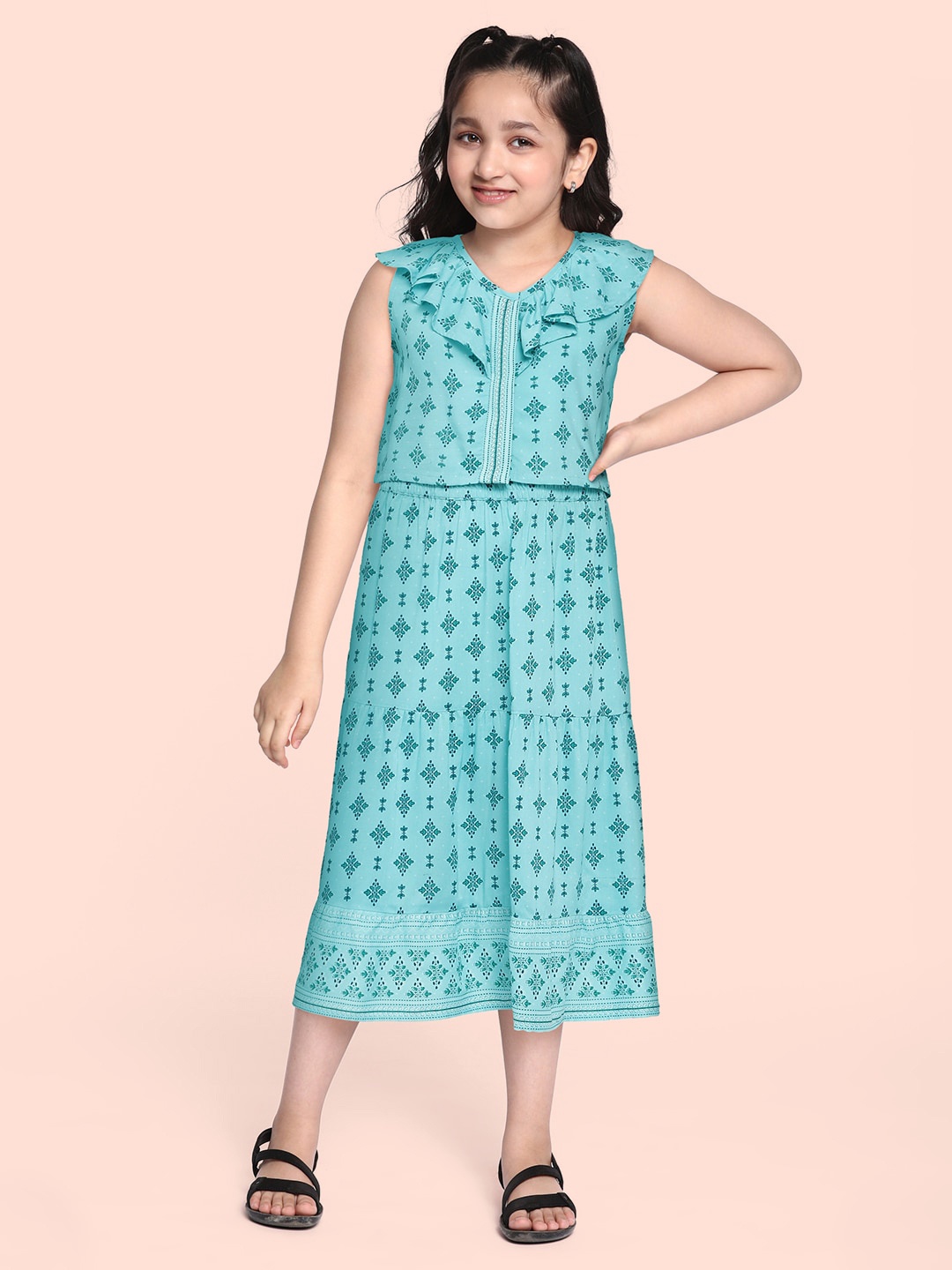 

Global Desi Girls Blue Printed Top with Skirt