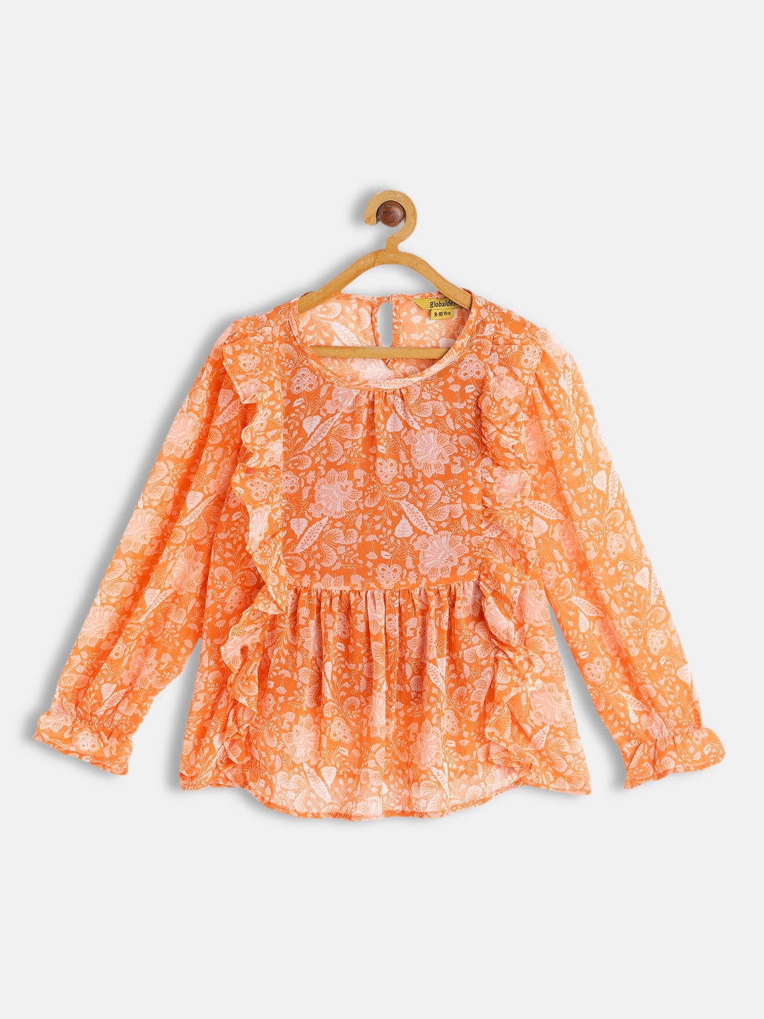 

Global Desi Orange Floral Print Ruffles A-line Top