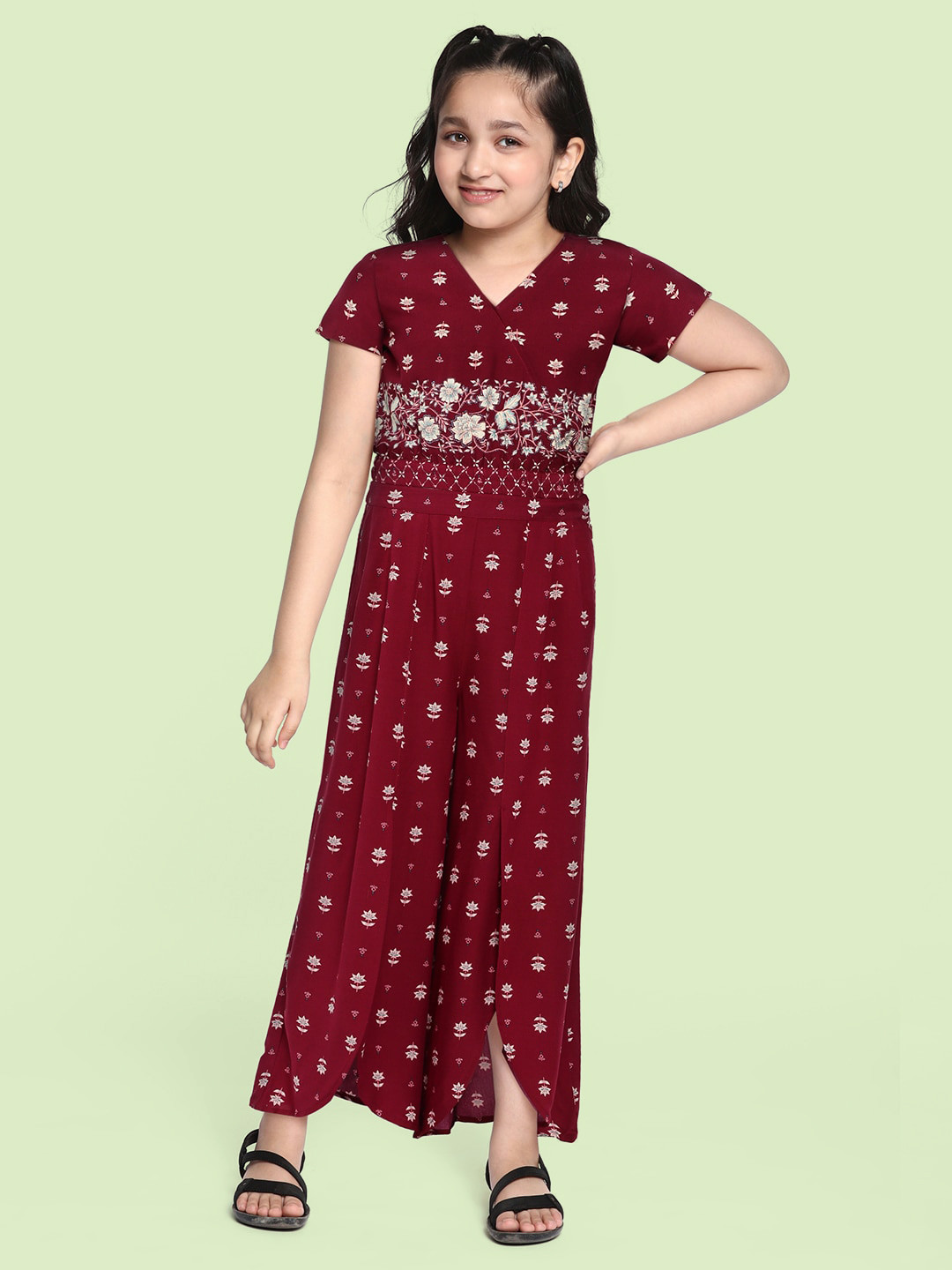 

Global Desi Girls Maroon Printed Top with Palazzos