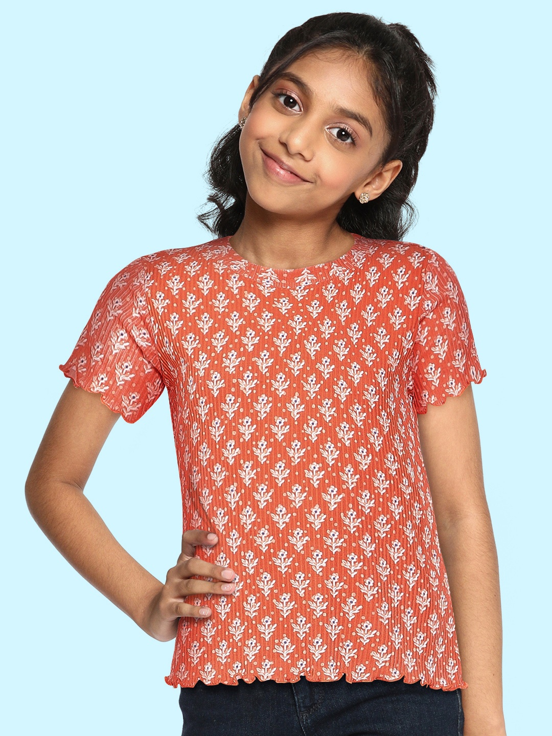 

Global Desi Orange Floral Print Top