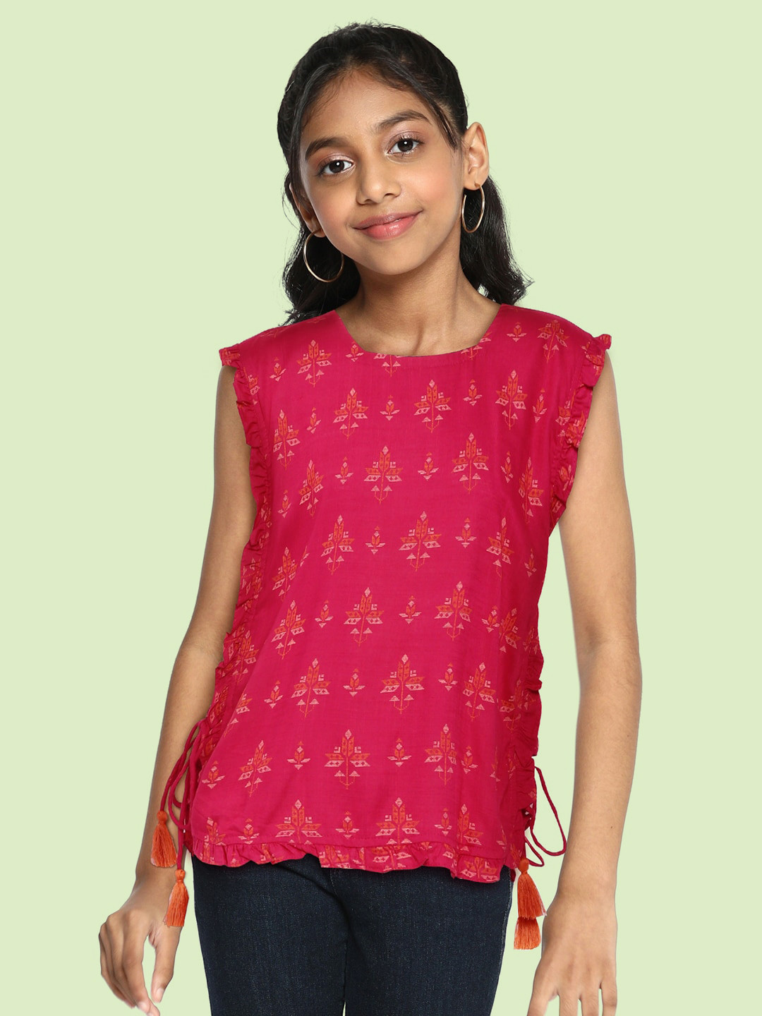 

Global Desi Coral Red Ethnic Print Top