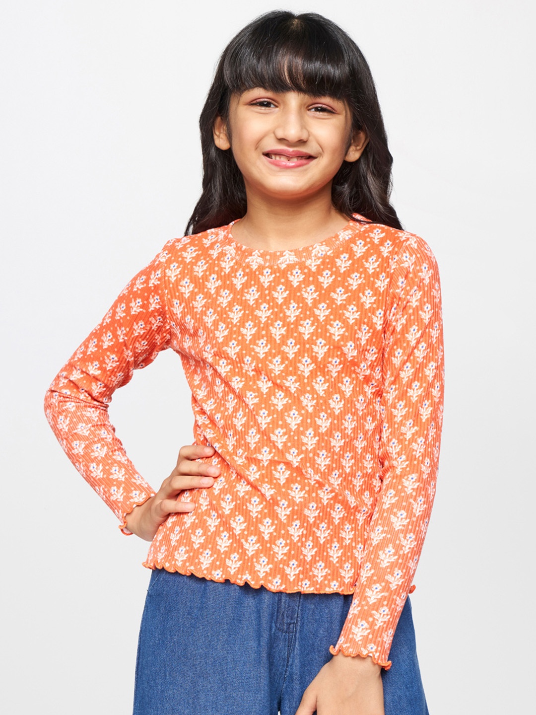 

Global Desi Orange & White Floral Print Pure Cotton Regular Top