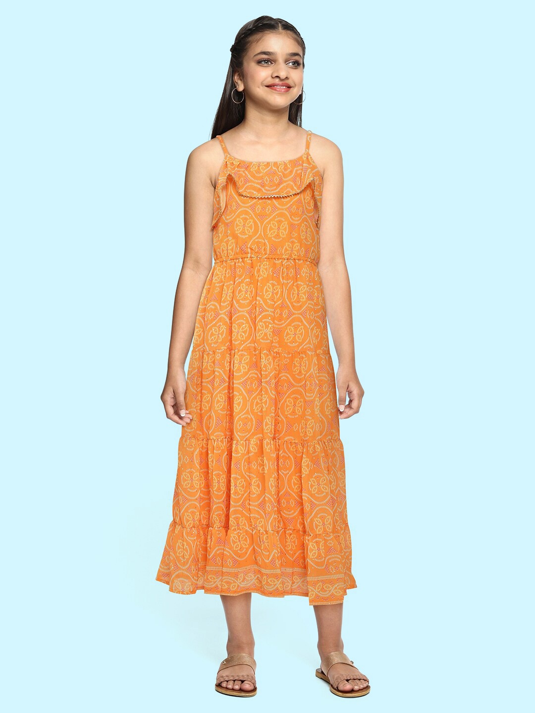 

Global Desi Girls Mustard Yellow Printed Empire Dress